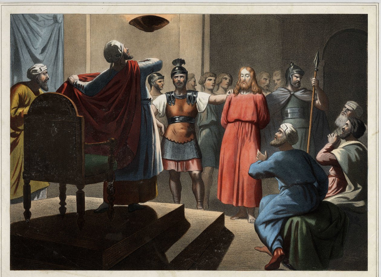 Jesus vor Kaiphas. Anonyme Gravur aus der Mitte des 19. Jahrhunderts von Unknown artist