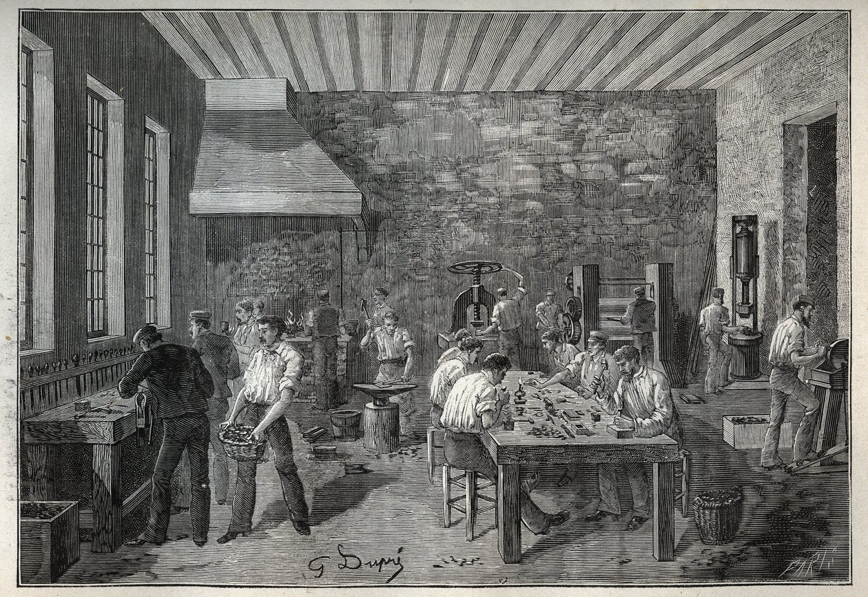Schmuck: Stahl-Schmuckfabrik. Gravur von 1885 in „Les arts et métiers illustrés“ von Adolphe Bitard. von Unknown artist