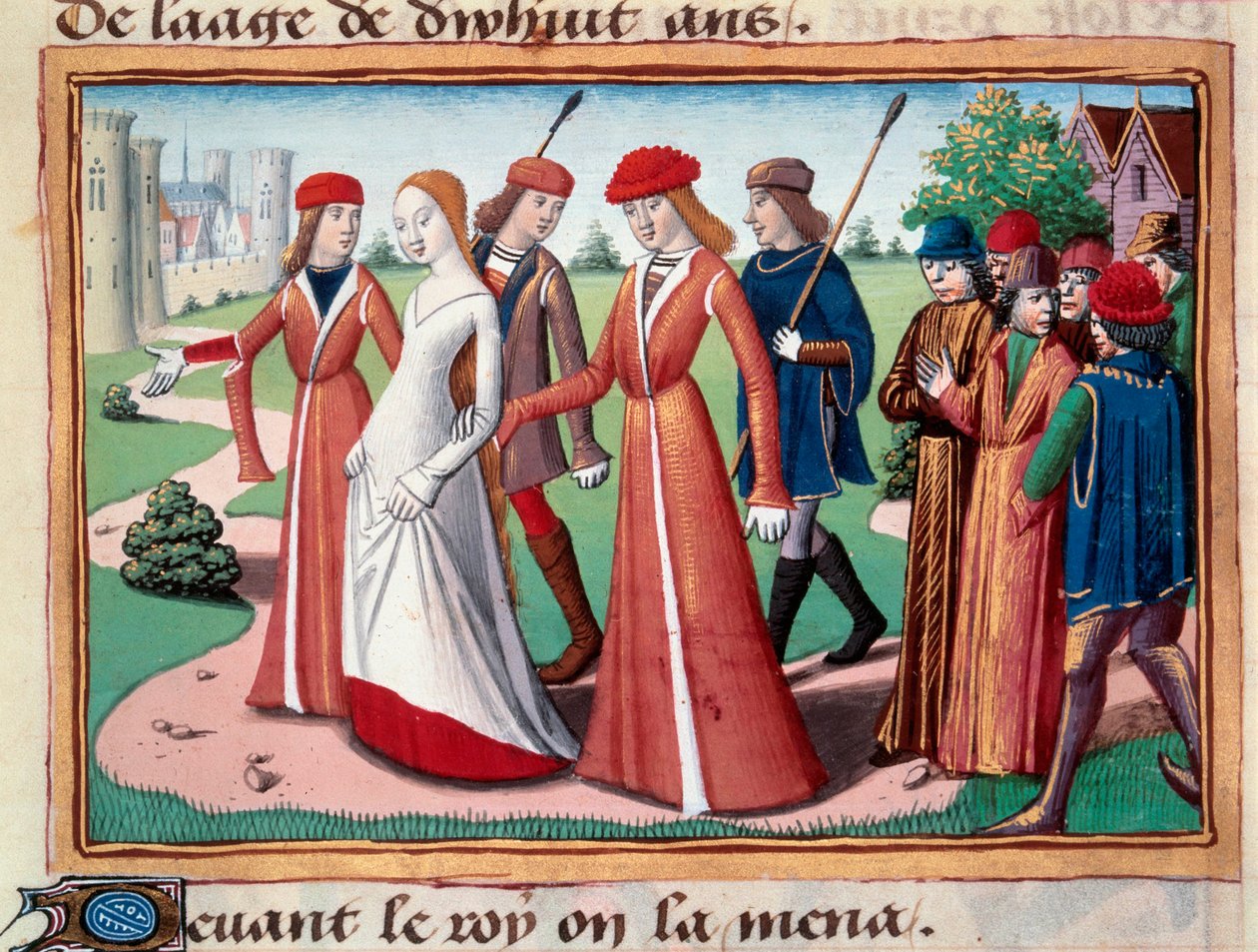 Johanna von Orléans (1412-1431) wird von Delfin Karl VII. am Hof in Chinon geführt. Miniatur aus dem Manuskript „Vigilles du roi Charles VII“ von Martial d