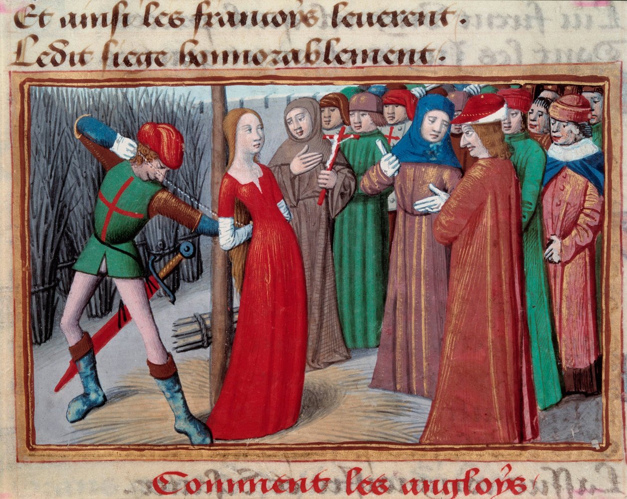 Johanna von Orléans (1412-1431), installiert auf dem Scheiterhaufen. Miniatur aus dem Manuskript „Vigilles du roi Charles VII“ von Martial d