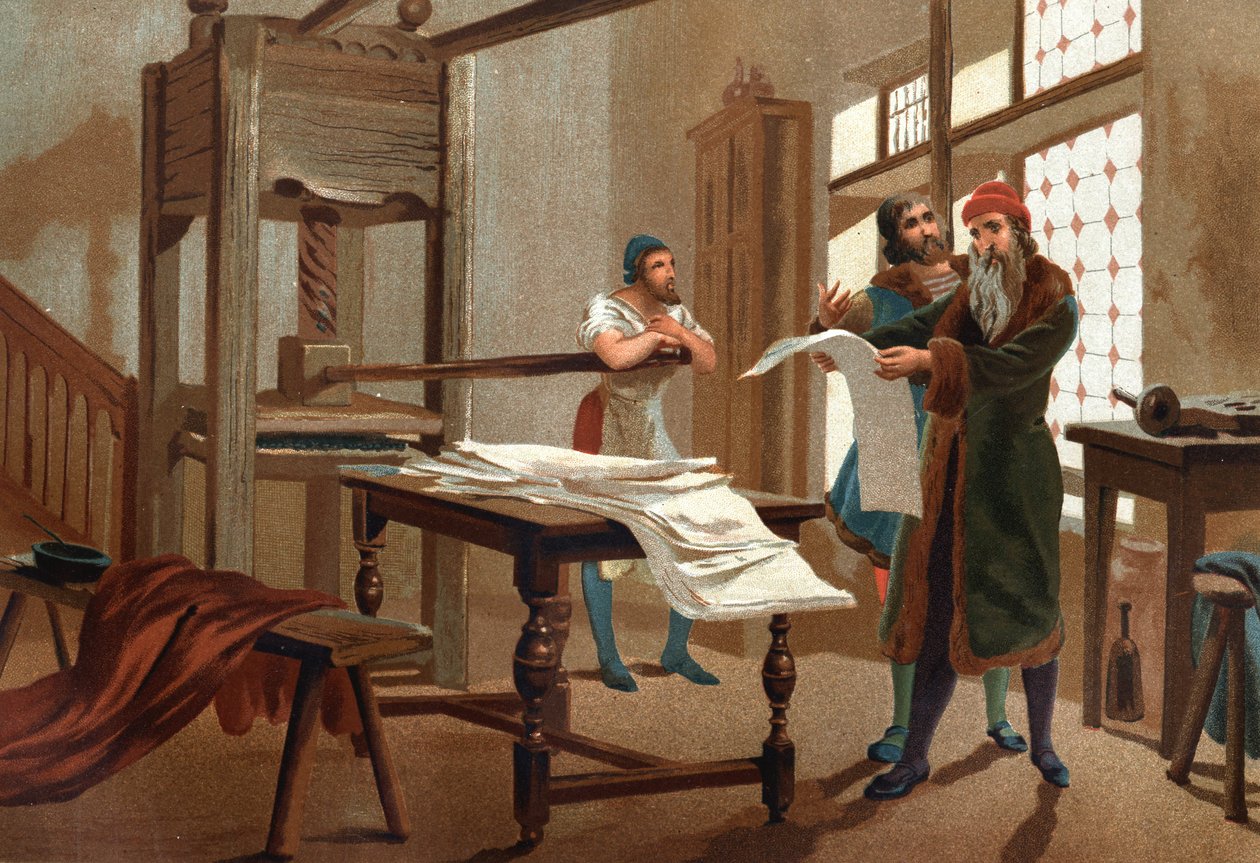 Johannes Gutenberg (1400-1468), deutscher Drucker, druckt das erste Blatt der Bibel. nach „Hombres y Mujeres celebres“. Barcelona 1877 von Unknown artist
