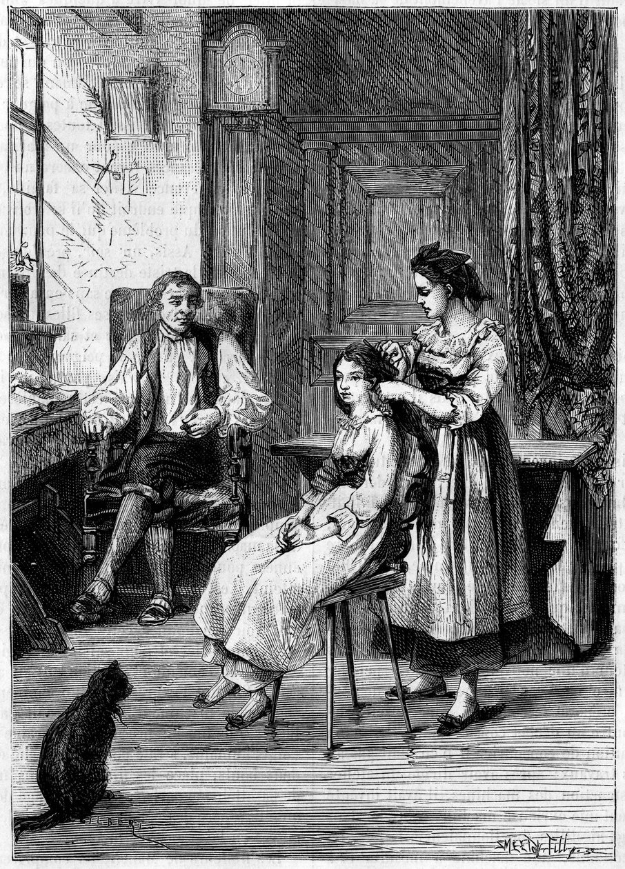 Josue Heilmann (1796-1848), ein französischer Erfinder, beobachtet, wie seine Töchter ihr Haar kämmen. Er ließ sich von dieser Szene inspirieren, um 1843 den mechanischen Kamm zu erfinden. Gravur in „La Nature: revue des sciences et de ses applications aux von Unknown artist