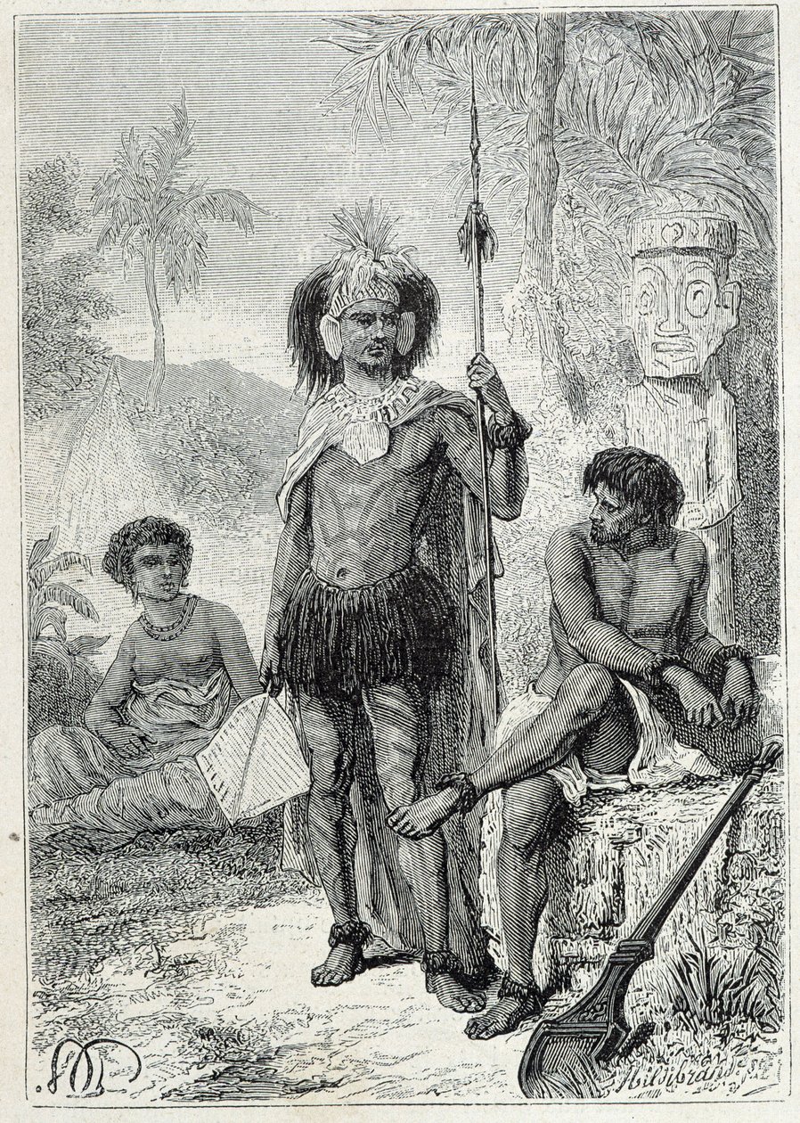 Reise von Kapitän James Cook (1728-1779): Eingeborene der Marquesas-Inseln - Illustration aus „Die großen Seefahrer des 18. Jahrhunderts“ von Unknown artist