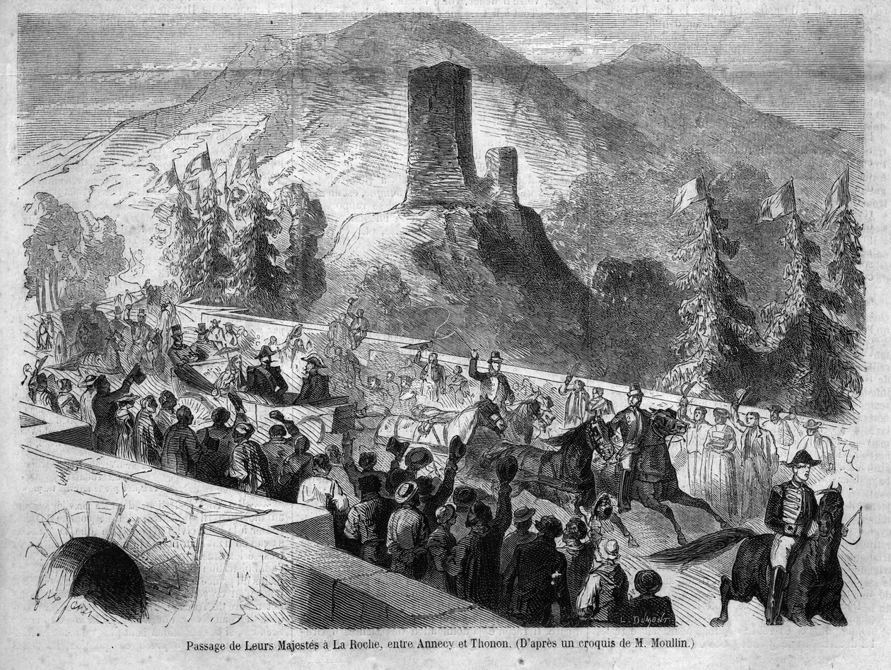 Reise von Kaiser Napoleon III (1808-1873) und seiner Frau Eugénie de Montijo (1826-1920) nach Savoyen: hier der Durchgang zum Felsen zwischen Annecy und Thonon nach der Annexion der Grafschaft Savoyen (März Turiner Vertrag). Gravur aus „Le Monde Illustré“. von Unknown artist