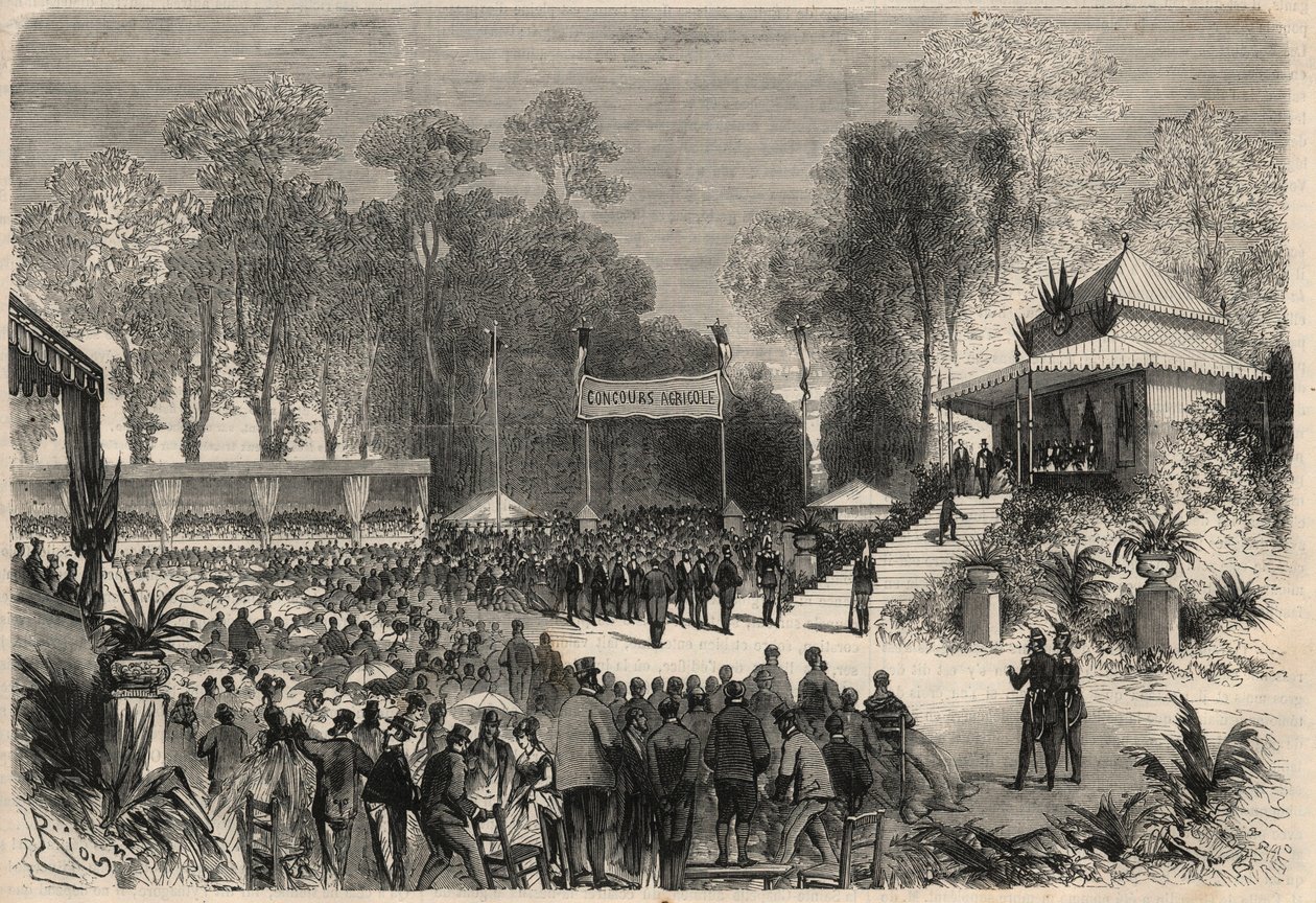 Reise von Napoleon III. (1808-1883) und Kaiserin Eugenie de Montijo (1826-1920) nach Rouen: Verteilung der Preise beim Landwirtschaftswettbewerb. Gravur in „L