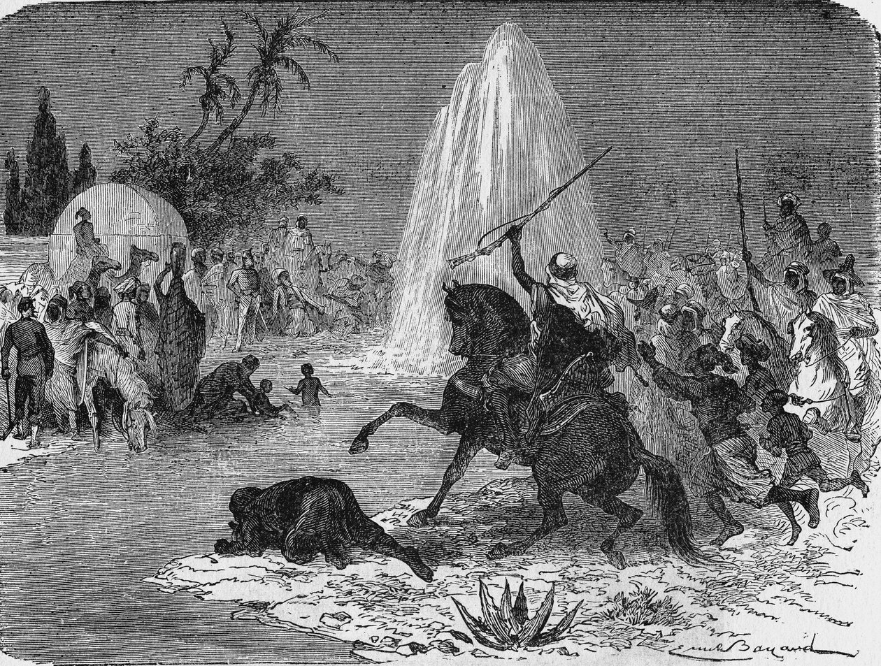 Freude der Araber beim Anblick des Wasserflusses aus dem artesischen Brunnen von Sidi-Rached, geschmiedet von den Franzosen, in der Sahara-Wüste. In 