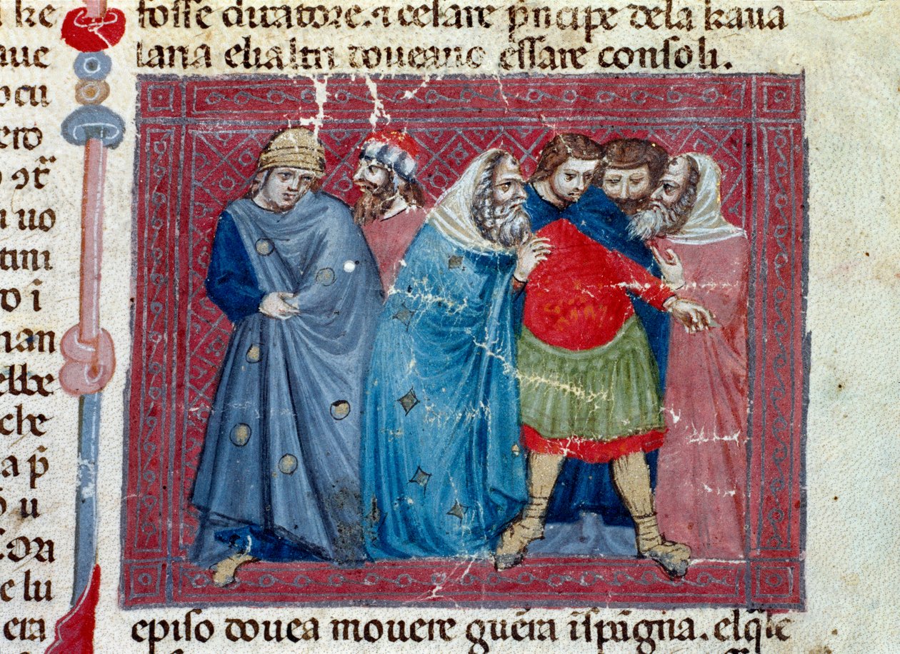 Julius Caesar (101-44 v. Chr.) auf dem Thron. Detail einer Manuskriptseite „Taten der Römer“ (Ms 1538, fol 1v) um 1340. Florenz, Biblioteca Riccardiana von Unknown artist