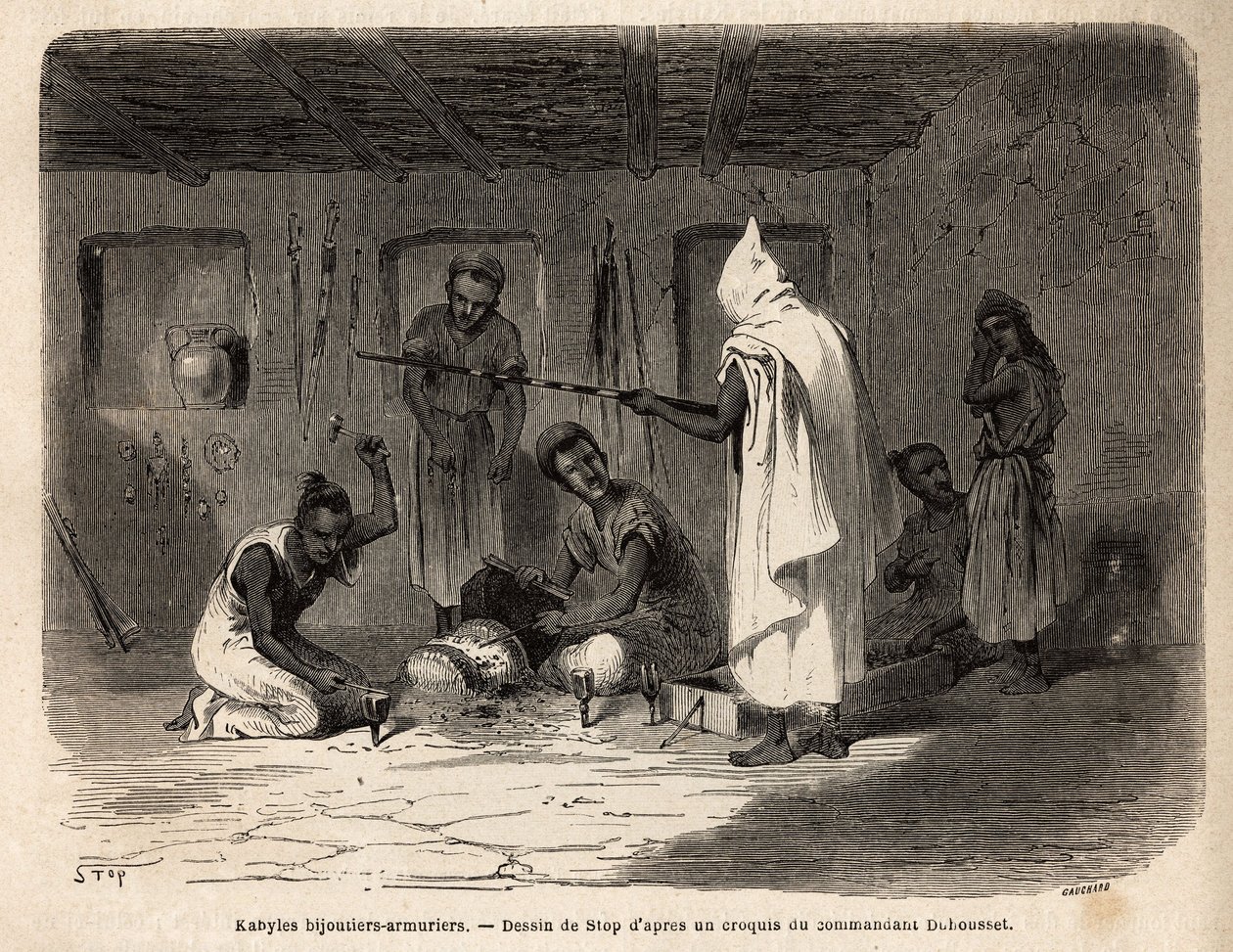 Kabylische Handwerker, bekannt für ihre Fertigkeiten in der Schmuck- und Waffenherstellung (und früher in der Falschgeldherstellung) in der Region Djura (Algerien). Gravur zur Illustration des Ausflugs in die Große Kabilie, zwischen dem Mittelmeer und dem  von Unknown artist