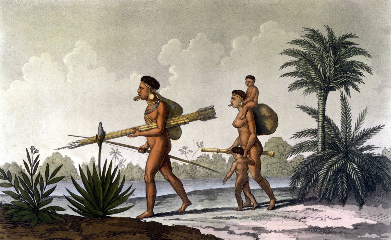 Kerengnatnuck, Häuptling der Botocudos, und seine Familie (Brasilien) - in „Das alte und moderne Kostüm“ von Ferrario, hrsg. Mailand von Unknown artist