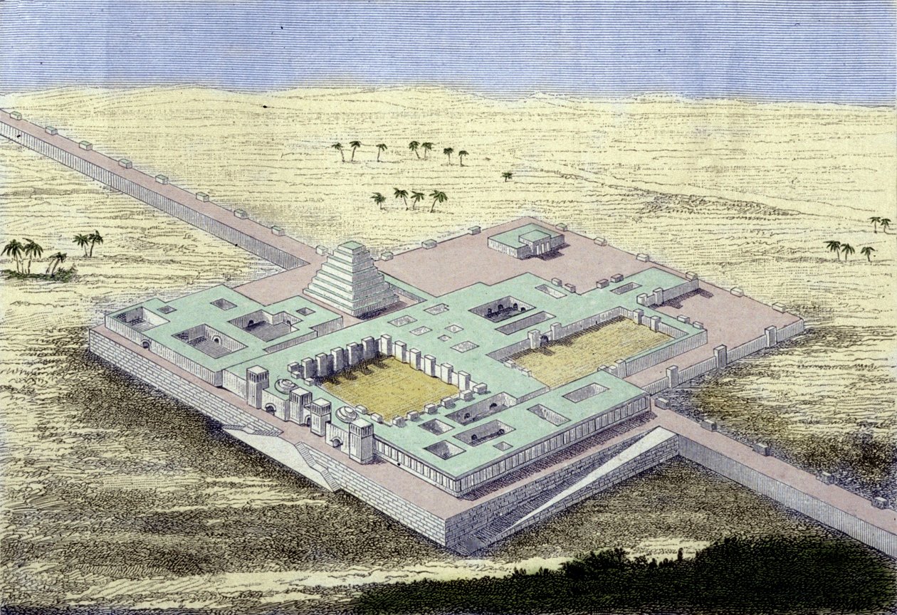 Khorsabad (Irak). Rekonstruktion des Palastes von Sargon II., König von Assyrien von 722 bis 705 v. Chr. Gravur des 19. Jahrhunderts von Unknown artist
