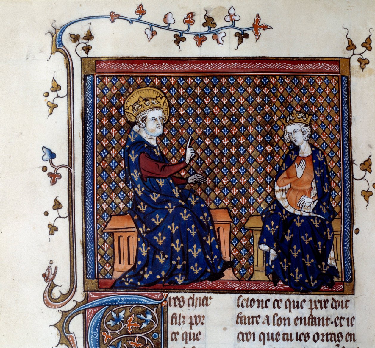 König Ludwig IX. (1214-1270) lehrt seinem Sohn, dem zukünftigen Philipp III., den Meister des Königs. Miniatur aus einem Manuskript des 14. Jahrhunderts. Chantilly, Musée Condé von Unknown artist