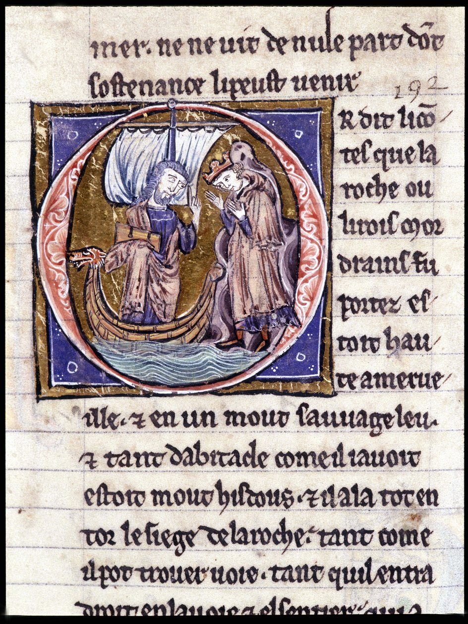 König Modreius. Manuskript: Eroberung des Heiligen Grals, geschrieben 717 Jahre nach der Passion unseres Herrn. Bibliothèque municipale de Rennes, ms. 255 (Sammlung von Romanen der Tafelrunde); Paris von Unknown artist