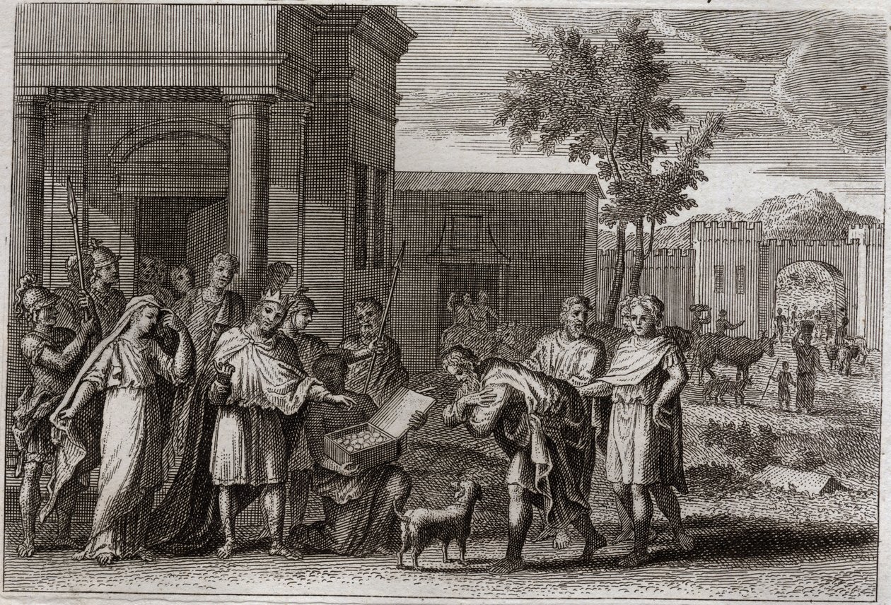 Königreichsbibel, Altes Testament: Abimelech von Gott bestraft. Abimelech (Abimelec oder Ahimelech oder Ahimelek), König von Gerar, der Sarah (Sarah), Abrahams Frau, mit Gewalt genommen hatte, aber glaubte, sie sei nur seine Schwester, wird von Gott getäus von Unknown artist
