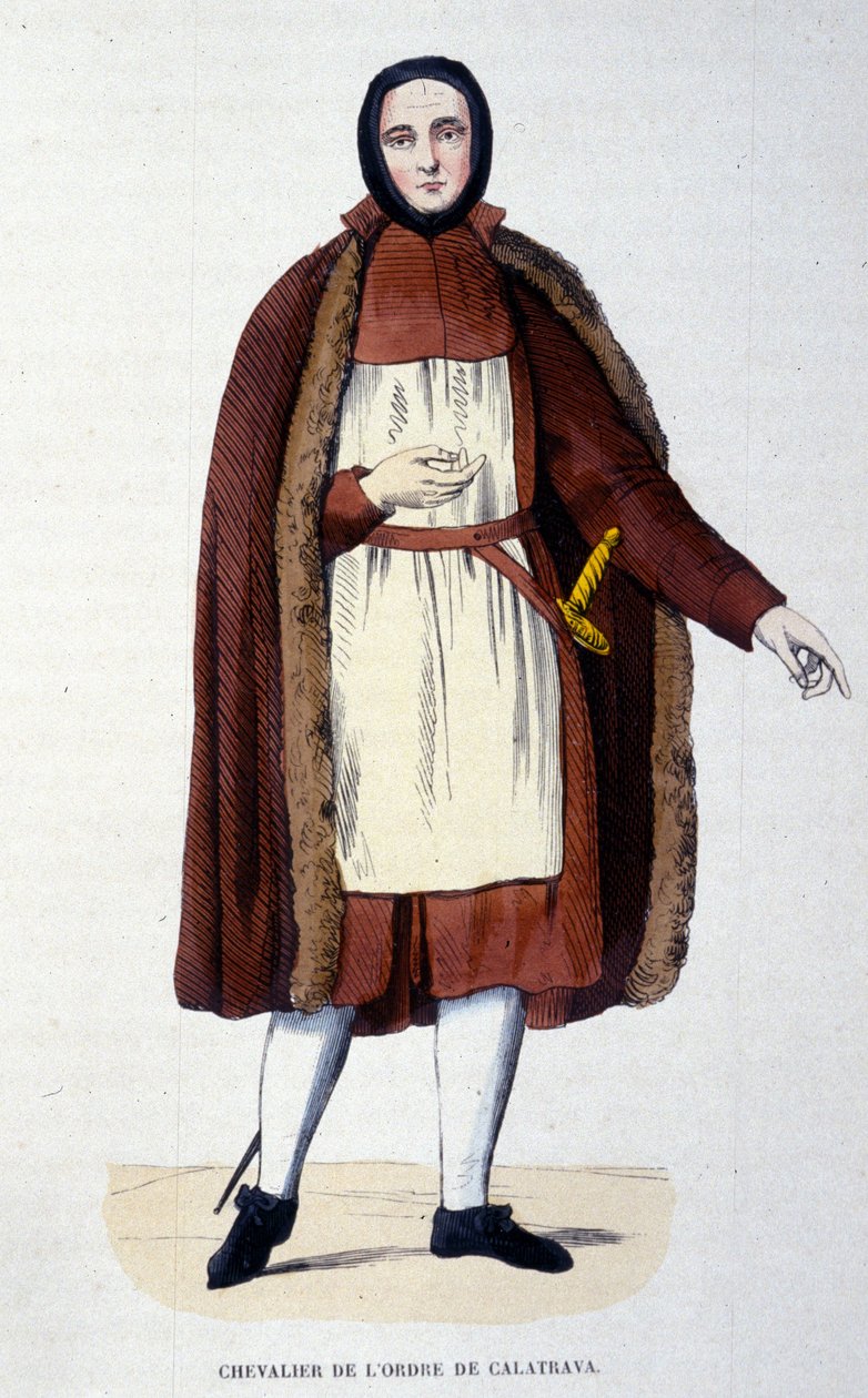 Ritter des Ordens von Calatrava. Eine Gruppe von Mönchen und Rittern verteidigte die Stadt Calatrava in Spanien gegen die Kastilier in den Jahren 1145 und 1158. Der Orden wurde 1523 an die spanische Krone angeschlossen, mit dem König als Großmeister. Gravu von Unknown artist