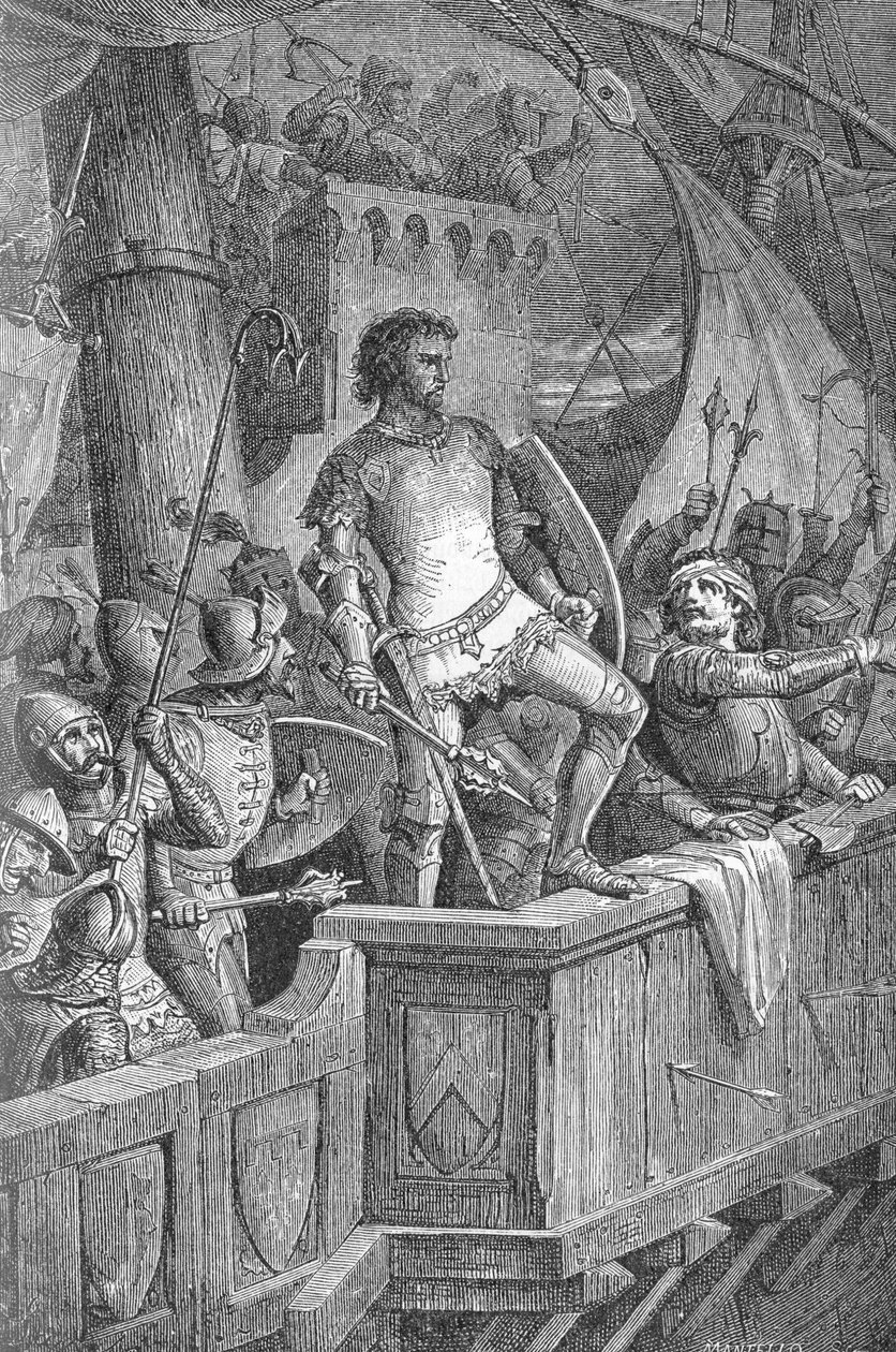 Knut der Große (Canut I) (994 oder 995-1035) - Knuts Männer auf der Londoner Brücke, unter Angriff von Olaf II. von Norwegen - Gravur in „Kaiser, König und Papst“ von Richard Roth von Unknown artist