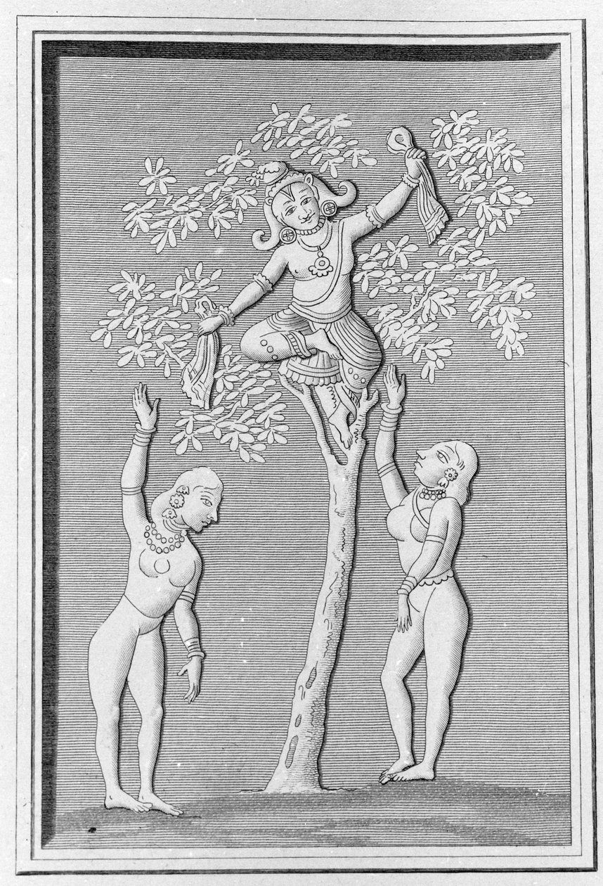 Krishna fliegt mit zwei Gopis. Gravur in „Ancient and Modern Monuments of Hindustan“ von L.M. Langles, Paris 1821 von Unknown artist