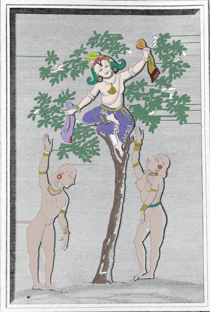 Krishna stiehlt die Kleider von zwei Gopis. L. M. Langlès: „Ancient and Modern Monuments of Hindustan“ Paris von Unknown artist