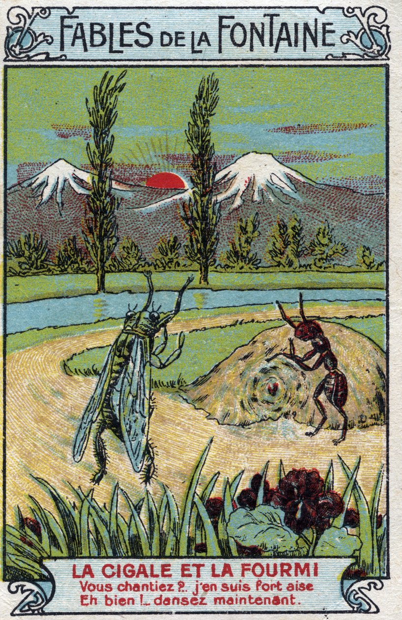 Die Grille und die Ameise - Fabeln von Jean de La Fontaine - Chromolithographie Ende des 19. Jahrhunderts von Unknown artist
