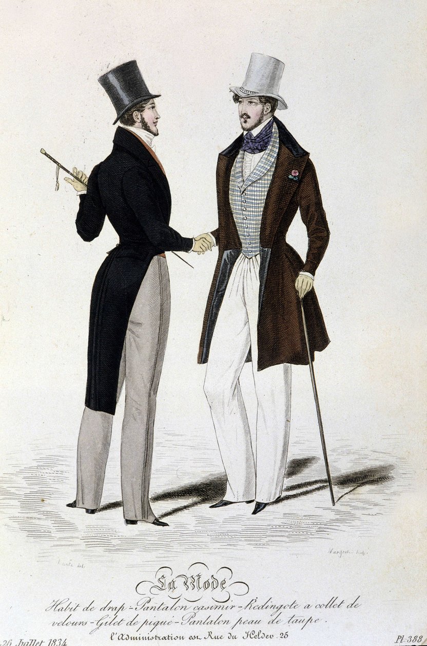Die Mode vom 26. Juli 1834: (männliche Mode) Blattsuit - Hosen aus Kaschmir - Redingote mit Samtkragen - Weste aus Piqué - Hosen aus Maulwurfsfell und Zylinderhut von Unknown artist