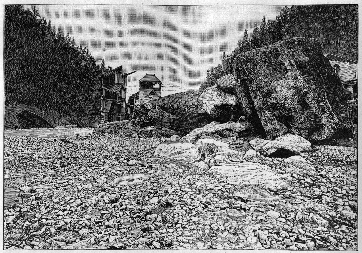 Die Katastrophe von Saint-Gervais (Saint Gervais) oder die Katastrophe des Gletschers Tete Rousse (Département Haute-Savoie) (12.-13. Juli 1892) - Bäder von Saint-Gervais nach der Katastrophe mit den riesigen Blöcken, die vom Bach transportiert wurden, Gra von Unknown artist
