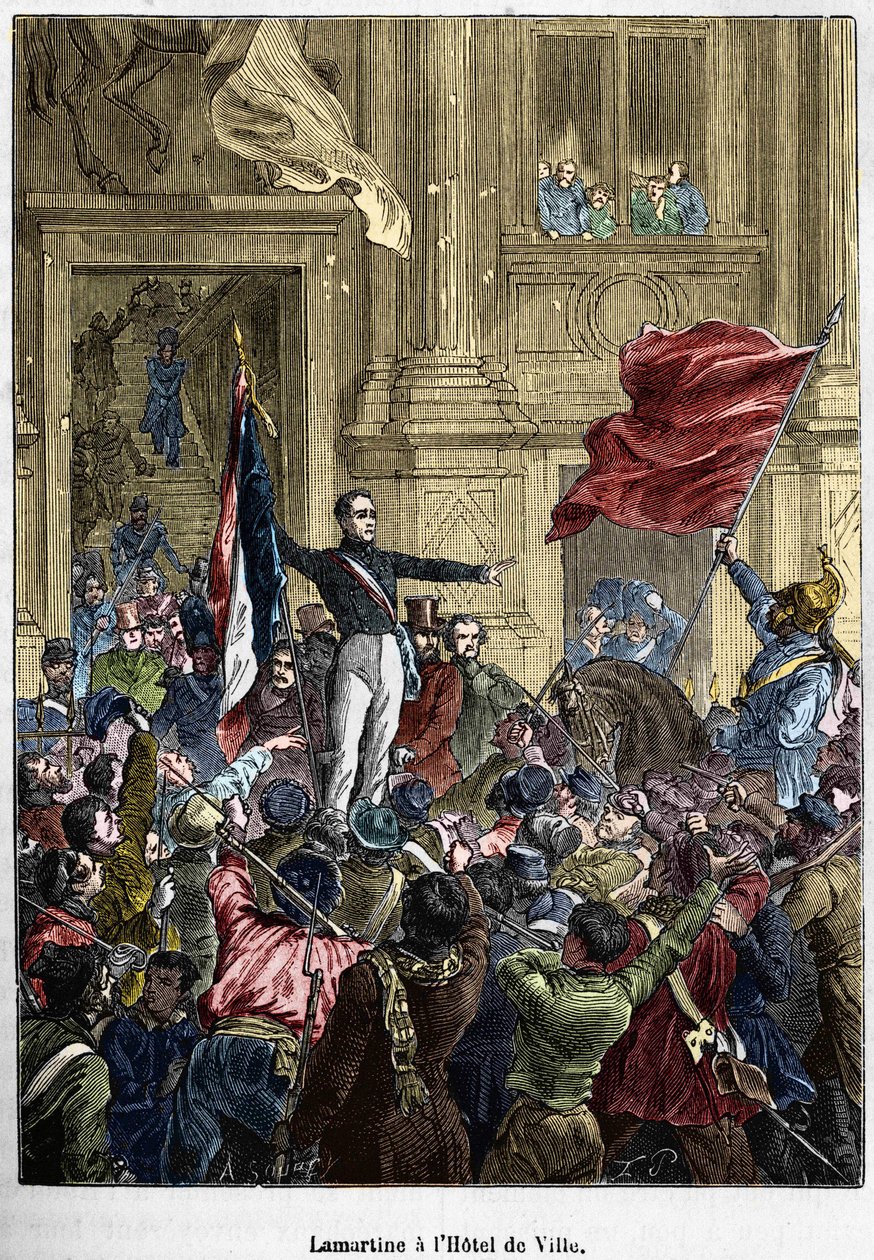 Lamartine (1790 - 1869), der die rote Fahne für die Trikolore ablehnt, im Rathaus. Paris, 26. Februar 1848. Bianchetti-Sammlung von Unknown artist