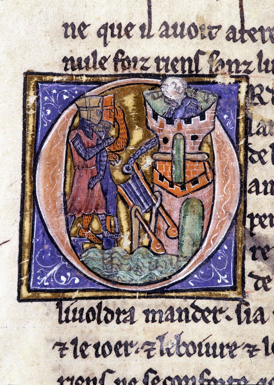Lancelot auf der Spitze eines Turms. Manuskript: Eroberung des Heiligen Grals, geschrieben 717 Jahre nach der Passion unseres Herrn. Bibliothèque municipale de Rennes, ms. 255 (Sammlung von Romanen der Tafelrunde); Paris von Unknown artist