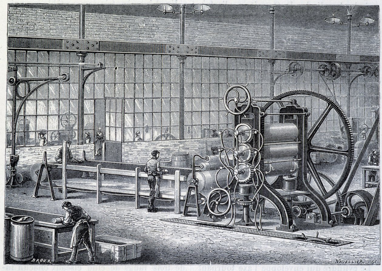 Großes Walzwerk zur Reduzierung von Blöcken aus gereinigtem Gummi zu Platten - in „Die Wunder der Industrie“ von Louis Figuier von Unknown artist