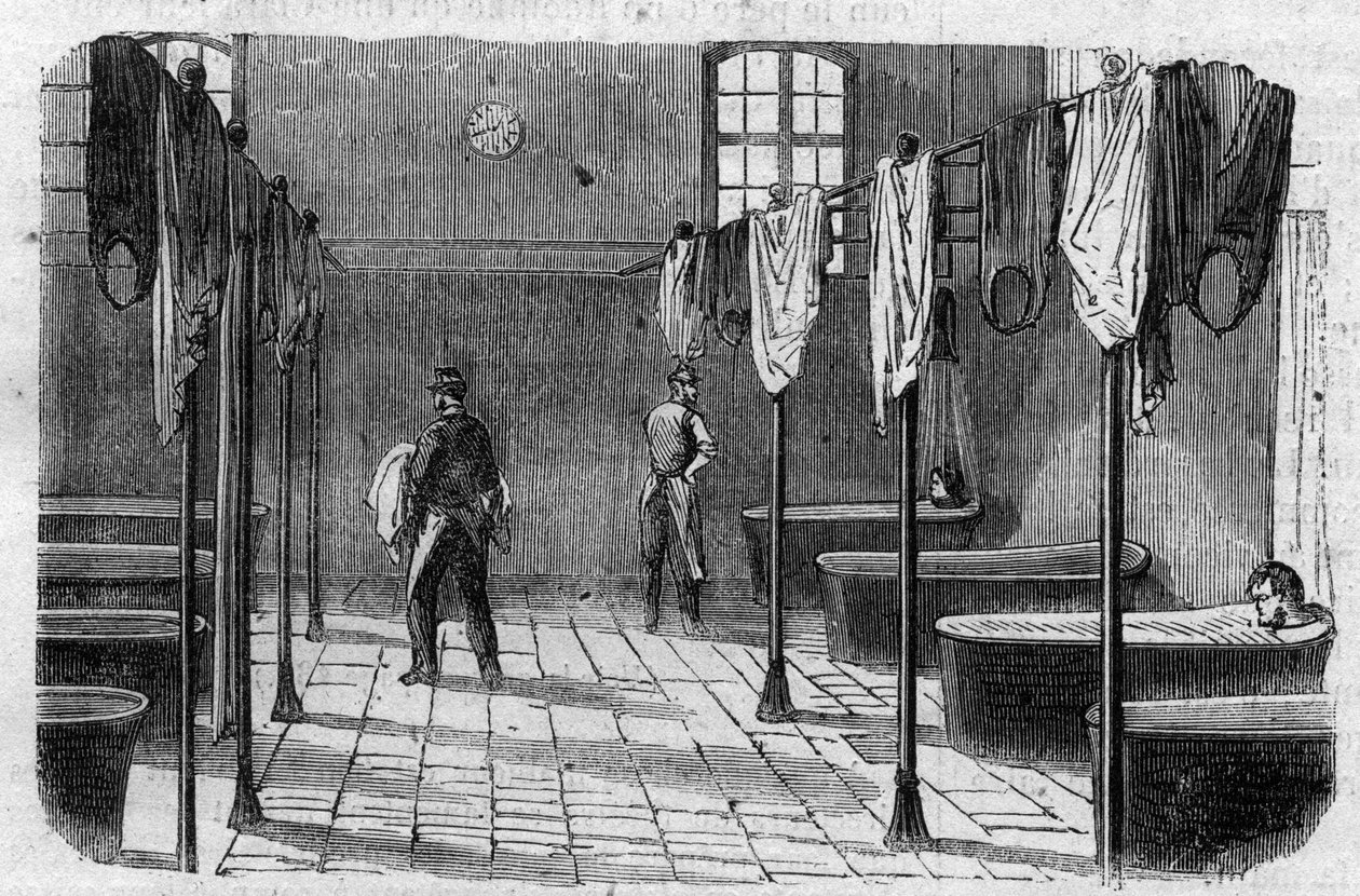 Das Asyl Sainte Anne (Sainte-Anne) in Paris: das Badezimmer - Gravur in „Le Journal Illustré“ von Unknown artist