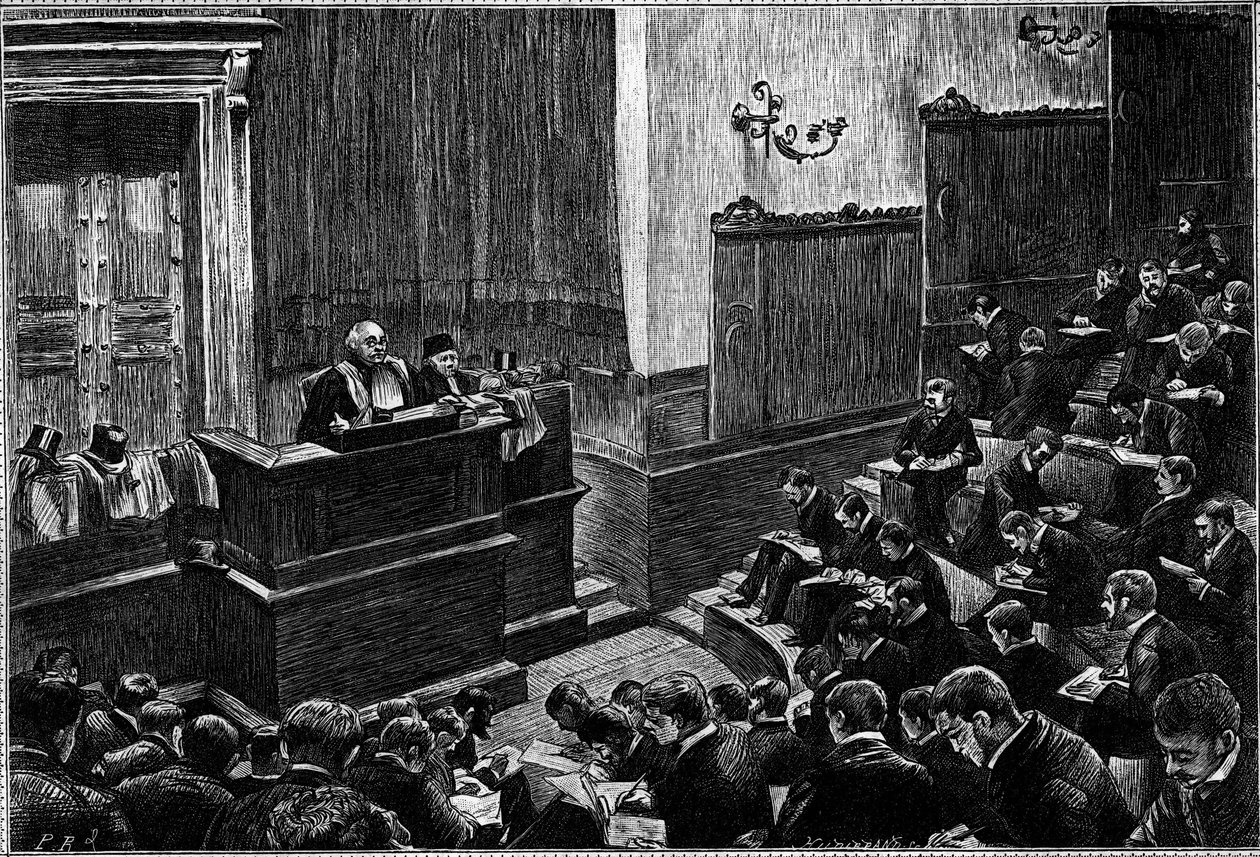Das große Amphitheater der Rechtsfakultät von Paris, Gravur im Journal „La jeunesse“ von Unknown artist