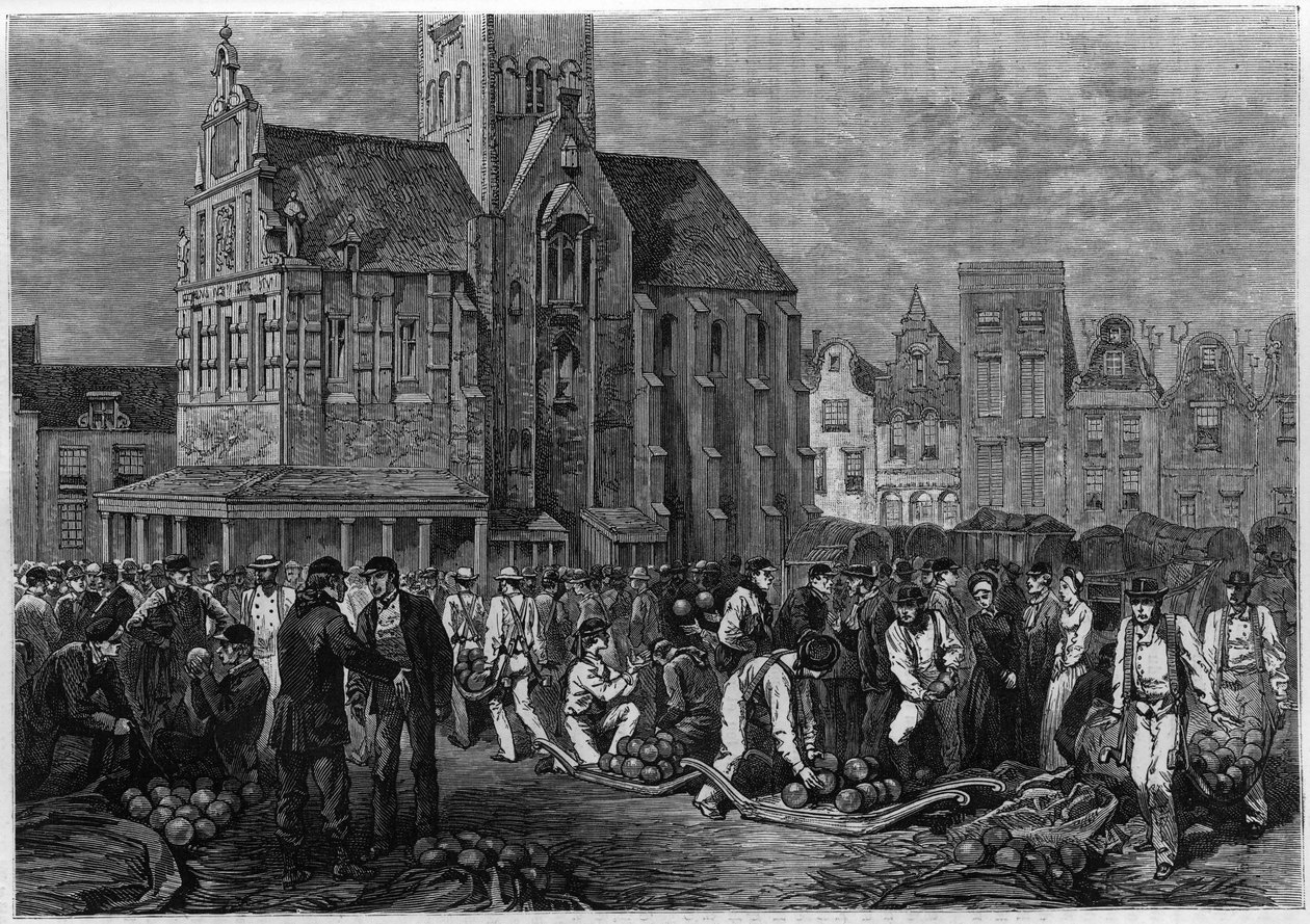 Der Käsemarkt in Hoorn, Holland. Gravur in „Le journal de la jeunesse“ von Unknown artist