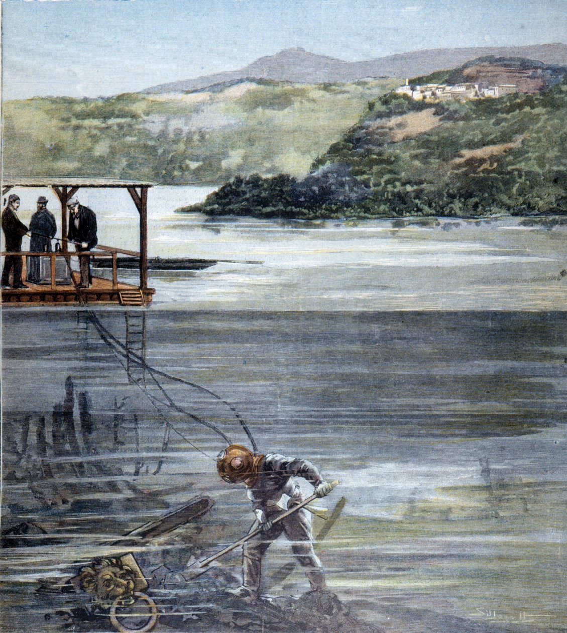 Der Taucher Paolo Pardi arbeitet an den römischen Booten im Nemisee mit dem Siebe-Tauchanzug im Jahr 1893 von Unknown artist