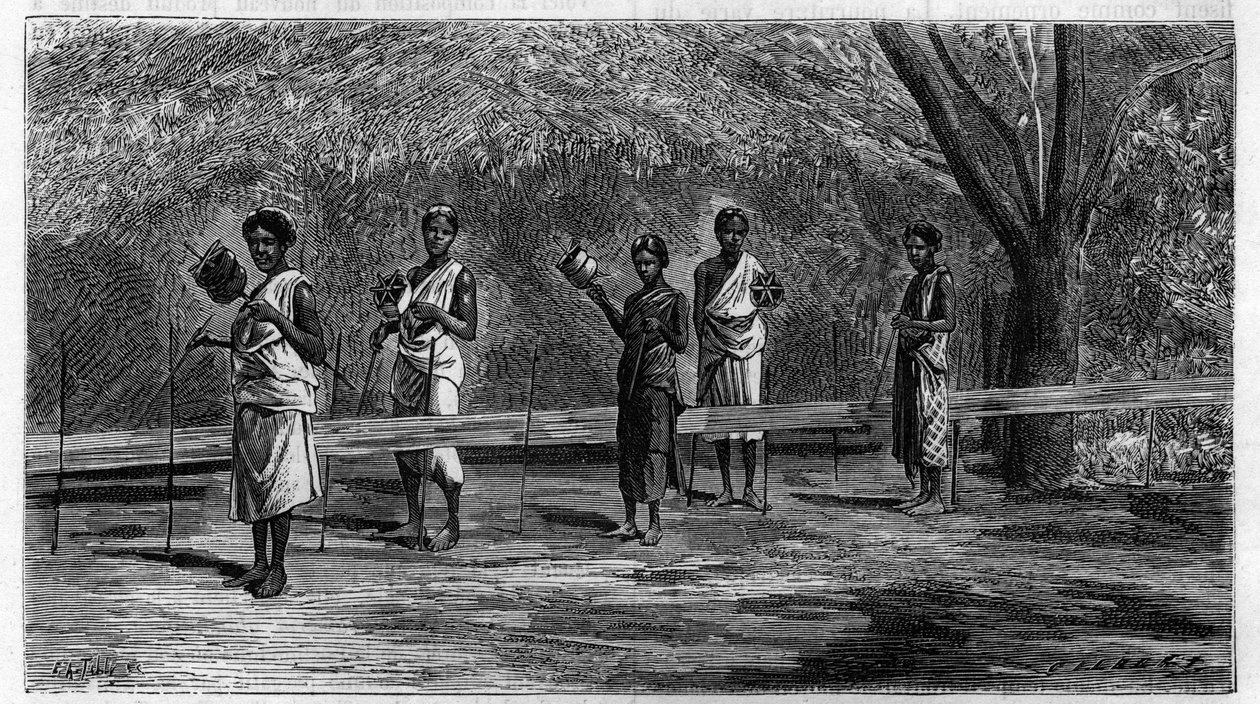 Das Weben in Indien: Vorbereitung der Kettfäden (Vorgang des Schärens). Gravur von 1883. In „La Nature. Revue der Wissenschaften und ihrer Anwendungen in Kunst und Industrie.“ von Unknown artist