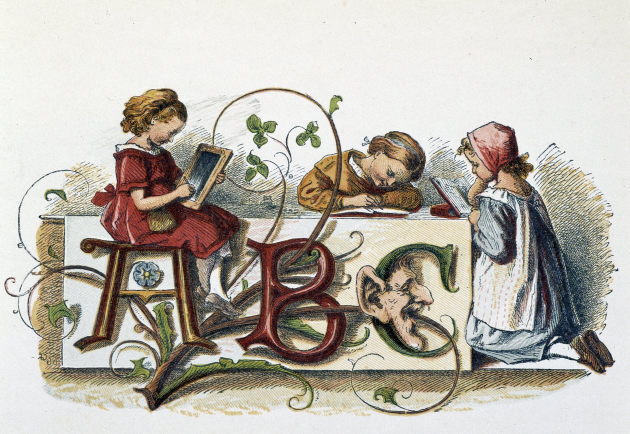 Lesen und Schreiben der Kinder - in "Les jeux des enfants", Ed. London, George Ronthedge and sons, spätes 19. Jahrhundert von Unknown artist
