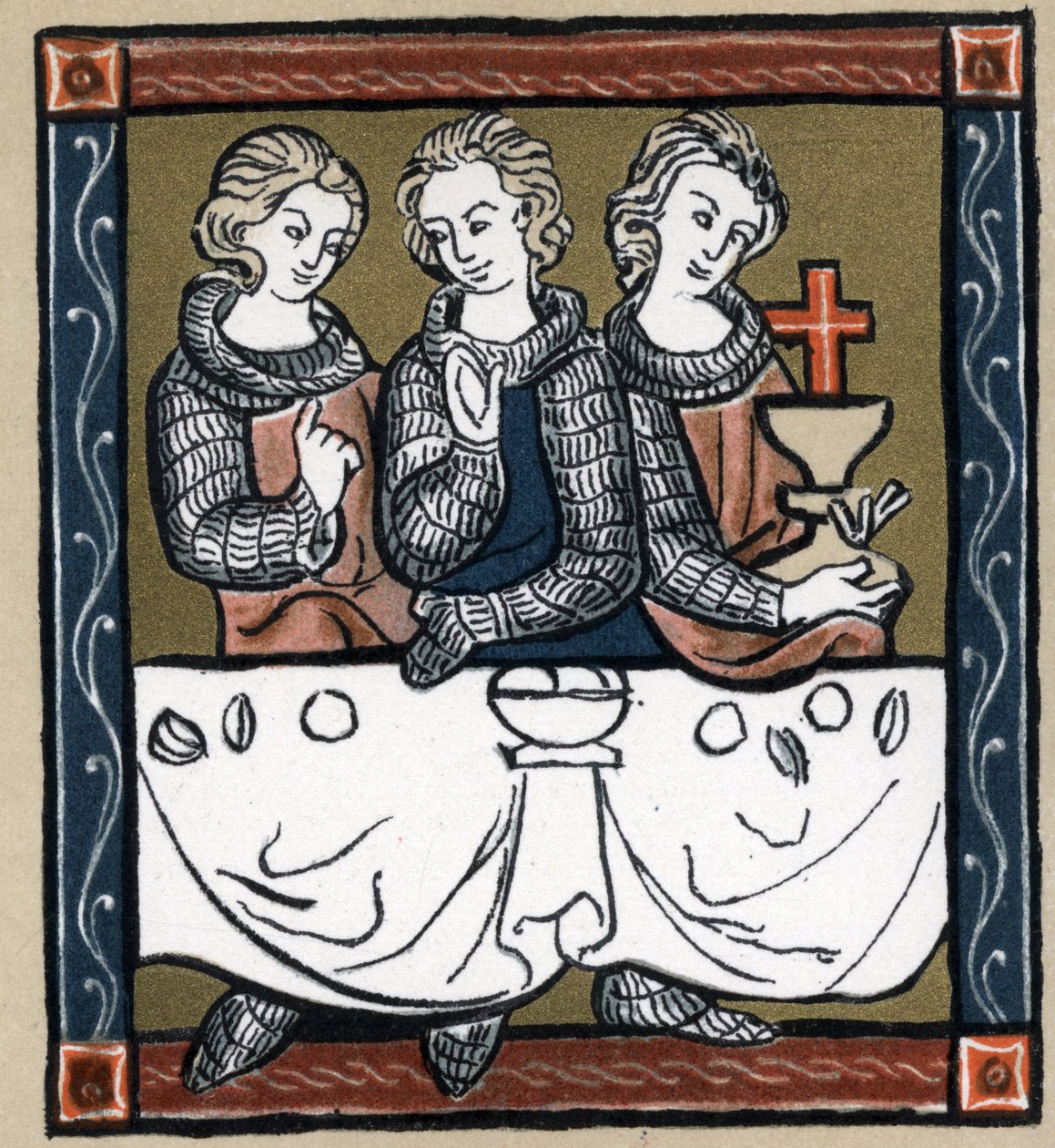 Artussage: Galahad (Gaalad oder Galaad), Perceval und Bohort (Bors oder Borrt) mit dem Heiligen Gral. In „Geschichte der französischen Literatur“ von Hermann Suchier von Unknown artist