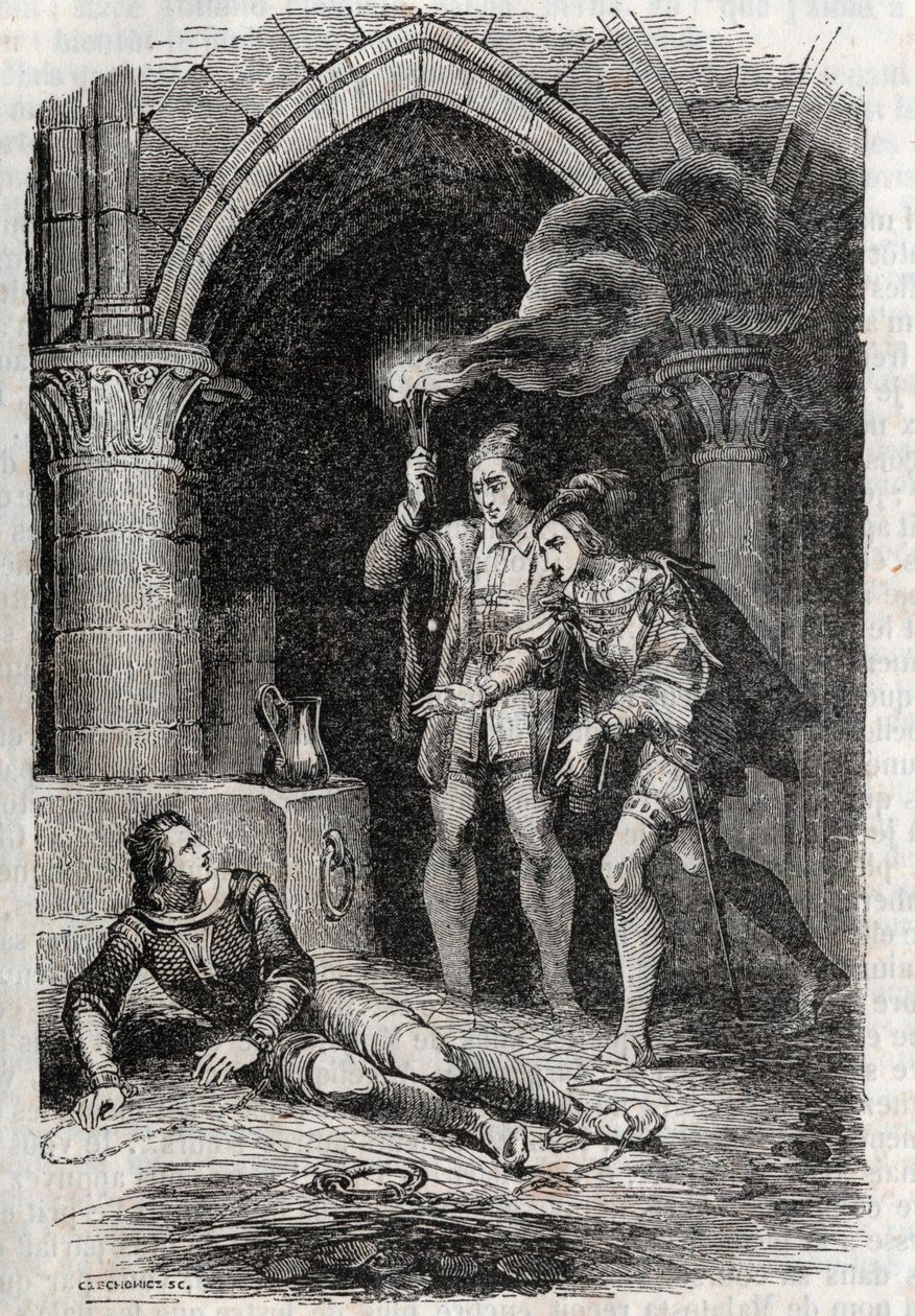 Leon (Leone) befreit Roger (Ruggero, Ruggiero) - Gravur von 1851 aus „Roland der Rasende“ (Orlando furioso) (16. Jahrhundert) von Ludovico Ariosto, bekannt als der Ariosta - Ausgabe, übersetzt aus dem Italienischen von Graf von Tressan und veröffentlicht v von Unknown artist