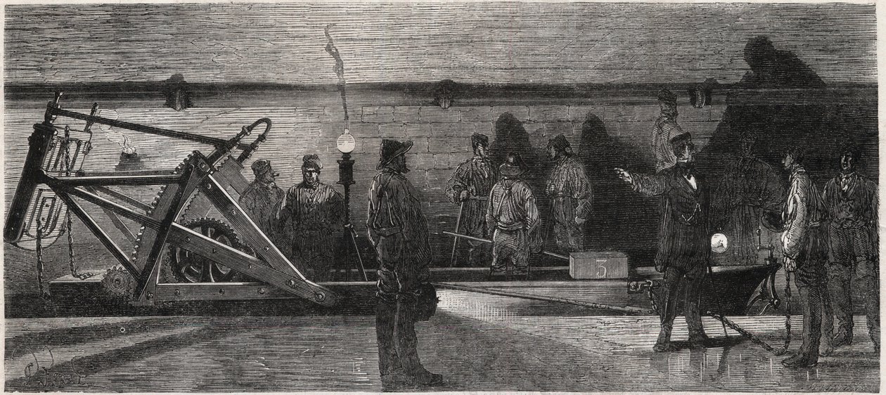 Die Abwasserkanäle von Paris: ein „Spülboot“ zur Reinigung des Sammelkanals - Gravur aus „Le Monde Illustré“ von Unknown artist