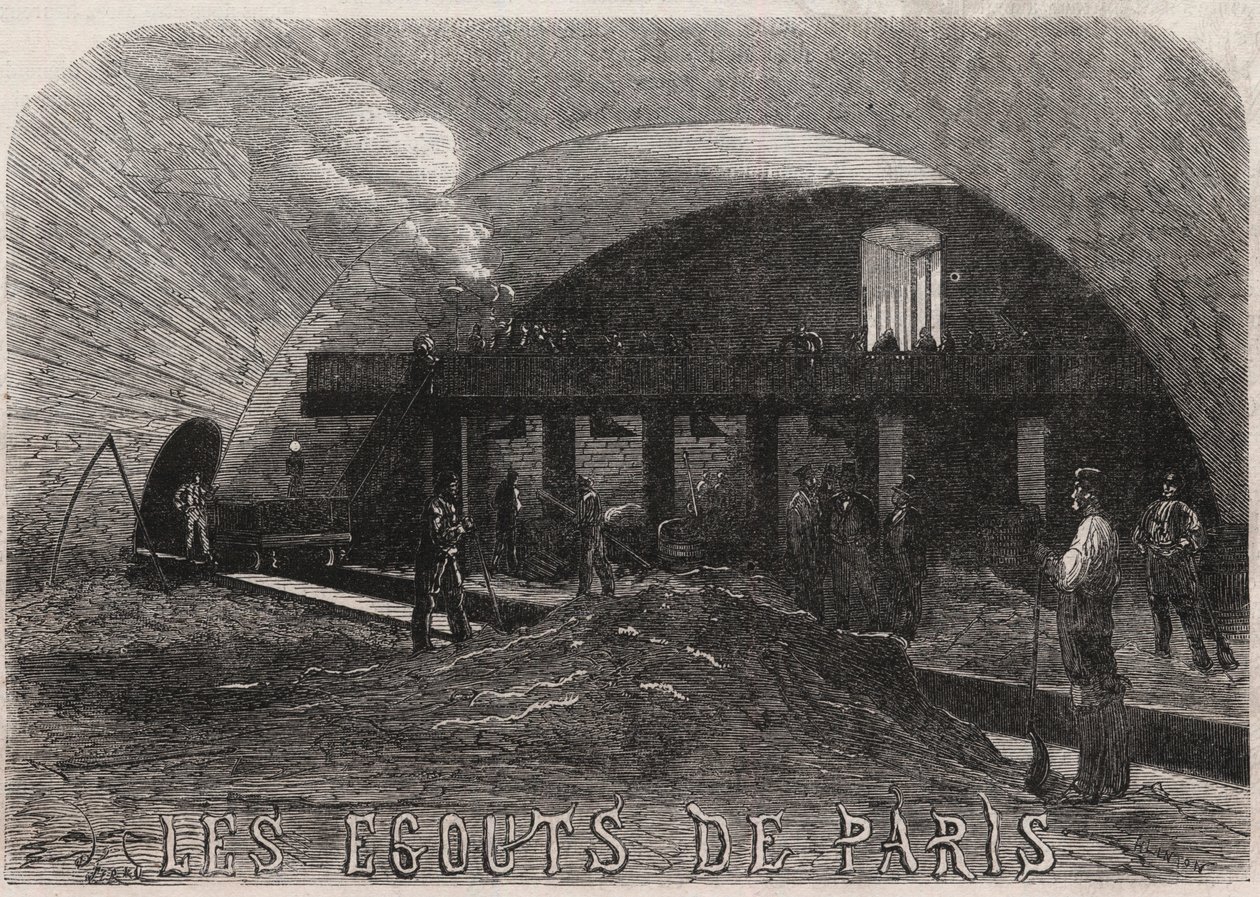 Die Abwasserkanäle von Paris: die große Kammer und die Schmiedewerkstätten Pont Notre Dame - Gravur in „Le Monde Illustré“ von Unknown artist