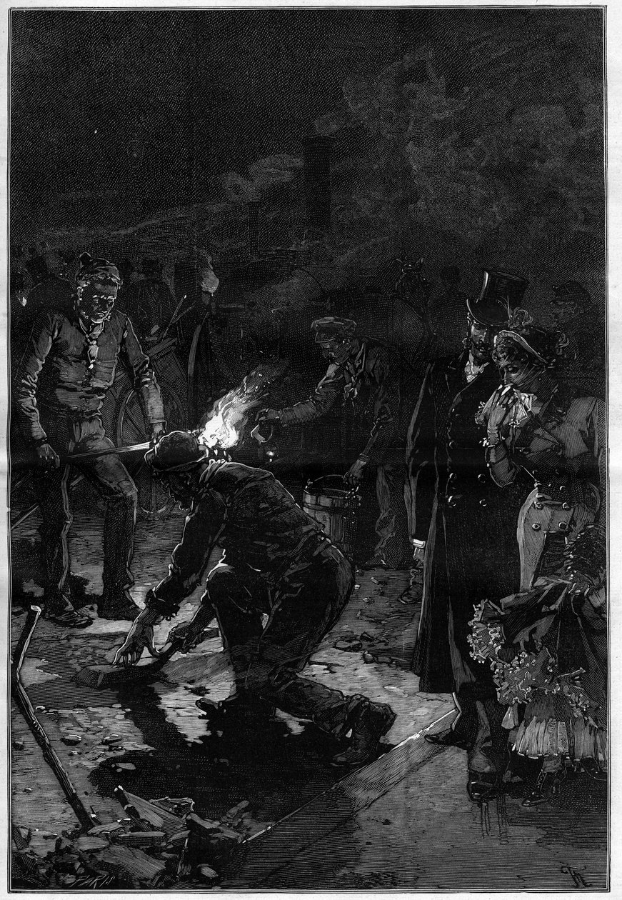 Die Arbeiter verlegen Asphalt in der Nähe des Théâtre-Français (Comédie-Française) in den Straßen von Paris und führen die Arbeiten nachts durch. Gravur in "Le Monde Illustré" von Unknown artist