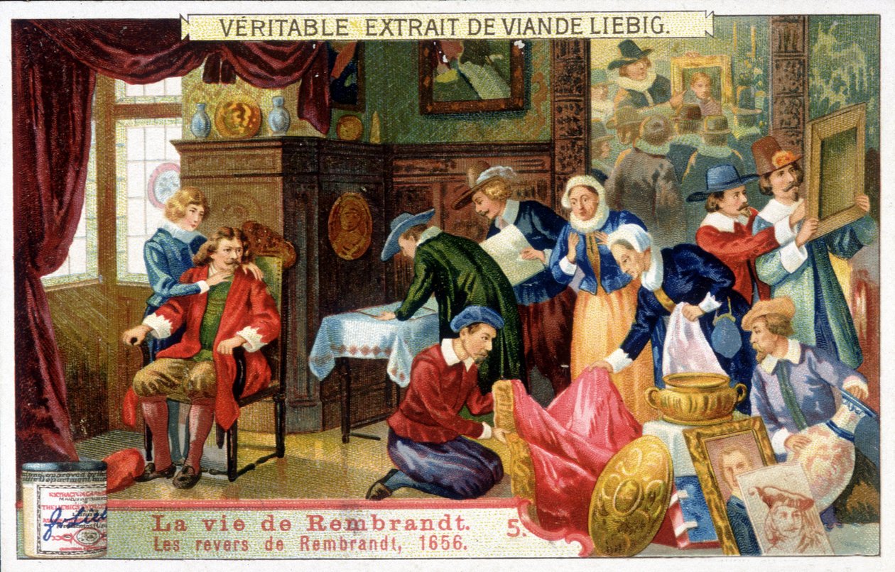 Liebig-Chromolithographie über das Leben von Rembrandt (1606 - 1669), niederländischer Maler. Dies sind Rembrandts Rückschläge im Jahr 1656 von Unknown artist