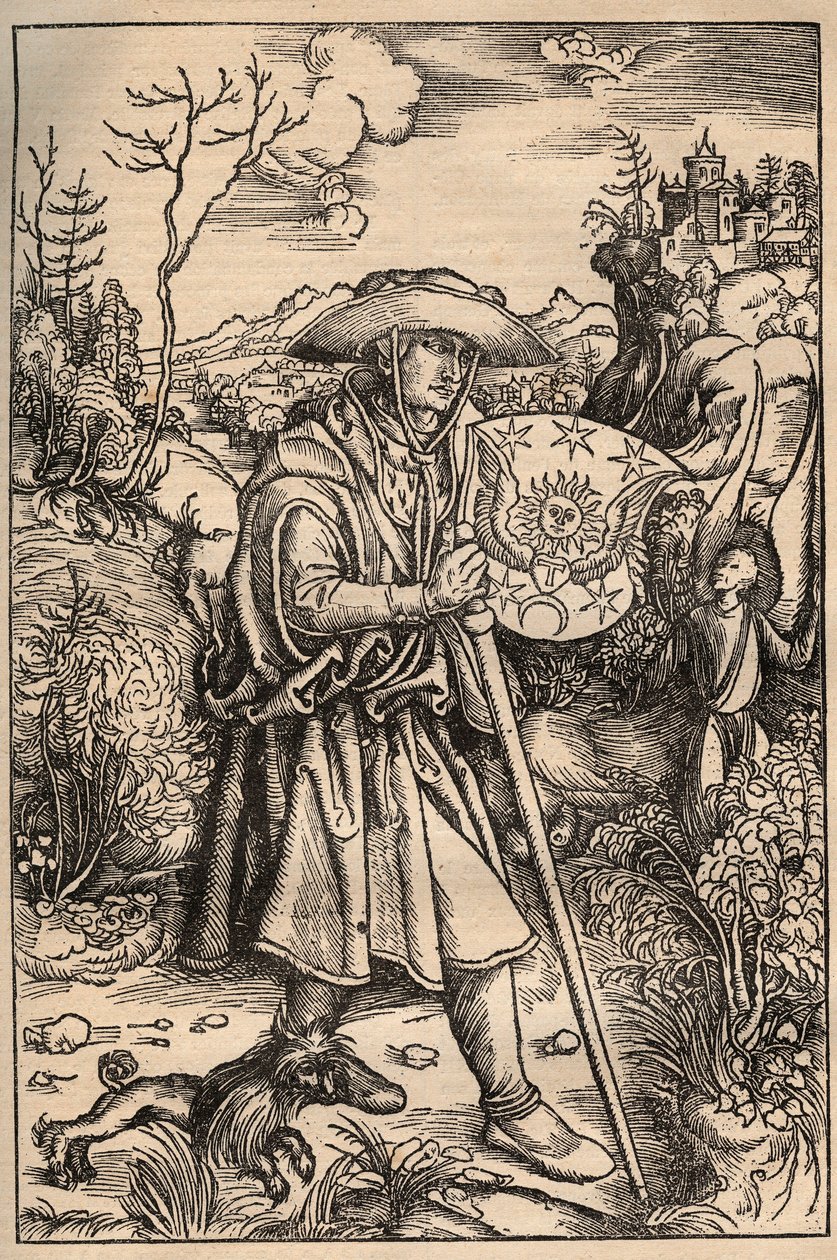 Das Bild des Pilgers - Der Pilger mit seinem Hund vor einem Schloss, Illustration aus einer Ausgabe der Opera von Johannes Gerson, veröffentlicht 1514 von Unknown artist