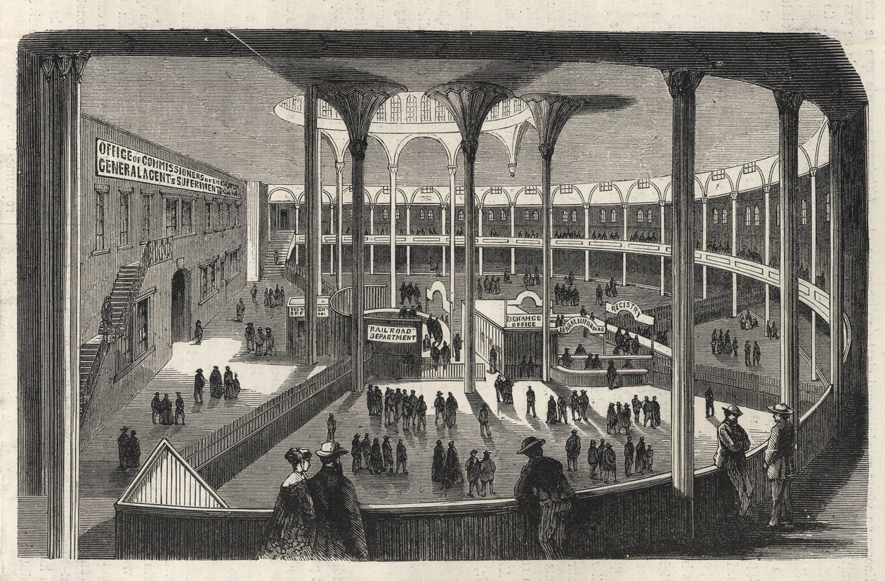 Das Innere eines Depots des Einwanderungszentrums von Castle Garden - New York State - Einwanderungskommission - Gravur in „The Illustrous Universe“ von 1869 von Unknown artist