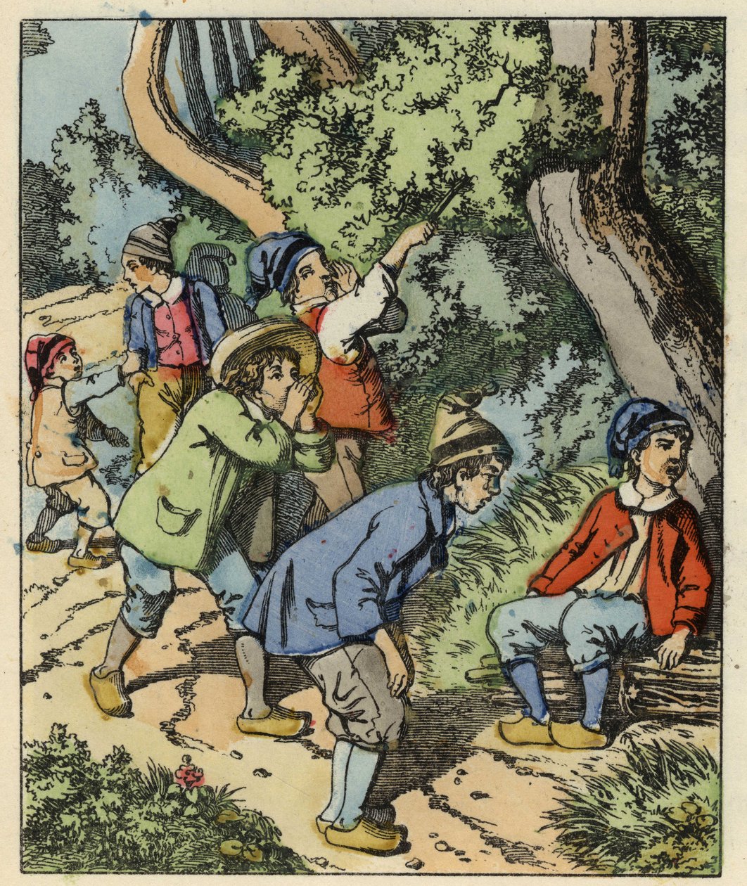 Der kleine Däumling und seine Brüder, die von ihren Eltern im Wald ausgesetzt wurden. Illustration des Märchens „Der kleine Däumling“ von Charles Perrault von Unknown artist