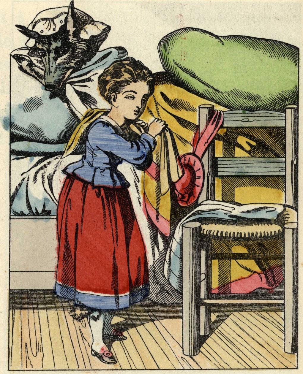 Rotkäppchen bei ihrer Großmutter. Illustration des Märchens „Rotkäppchen“ von Charles Perrault von Unknown artist