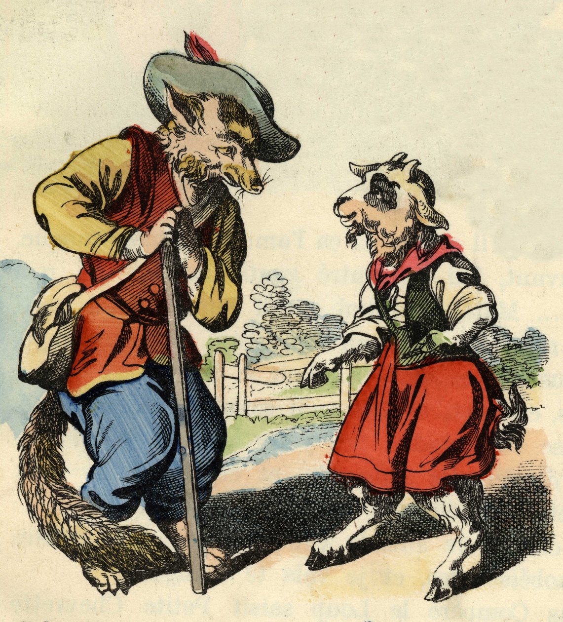 Das kleine Zicklein spricht mit Meister Fuchs. Illustration des Märchens „Bon Médor und das kleine Zicklein“. In „Märchen aus dem Heim für die Kleinen“. Anonyme Gravur des 19. Jahrhunderts. von Unknown artist