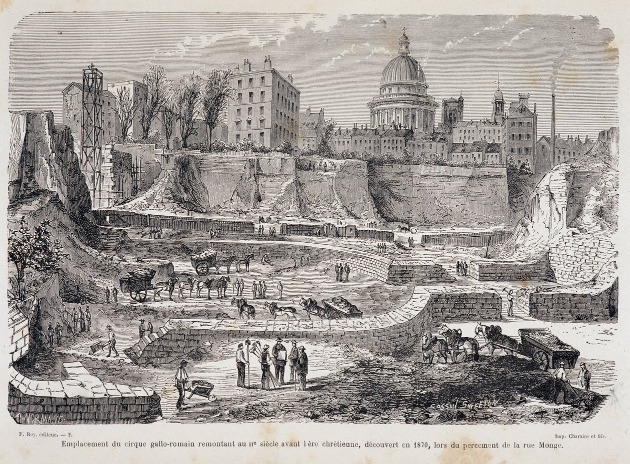 Lage des gallo-römischen Zirkus aus dem 3. Jahrhundert vor der christlichen Ära, entdeckt 1870, während der Bohrung der Rue Monge von Unknown artist