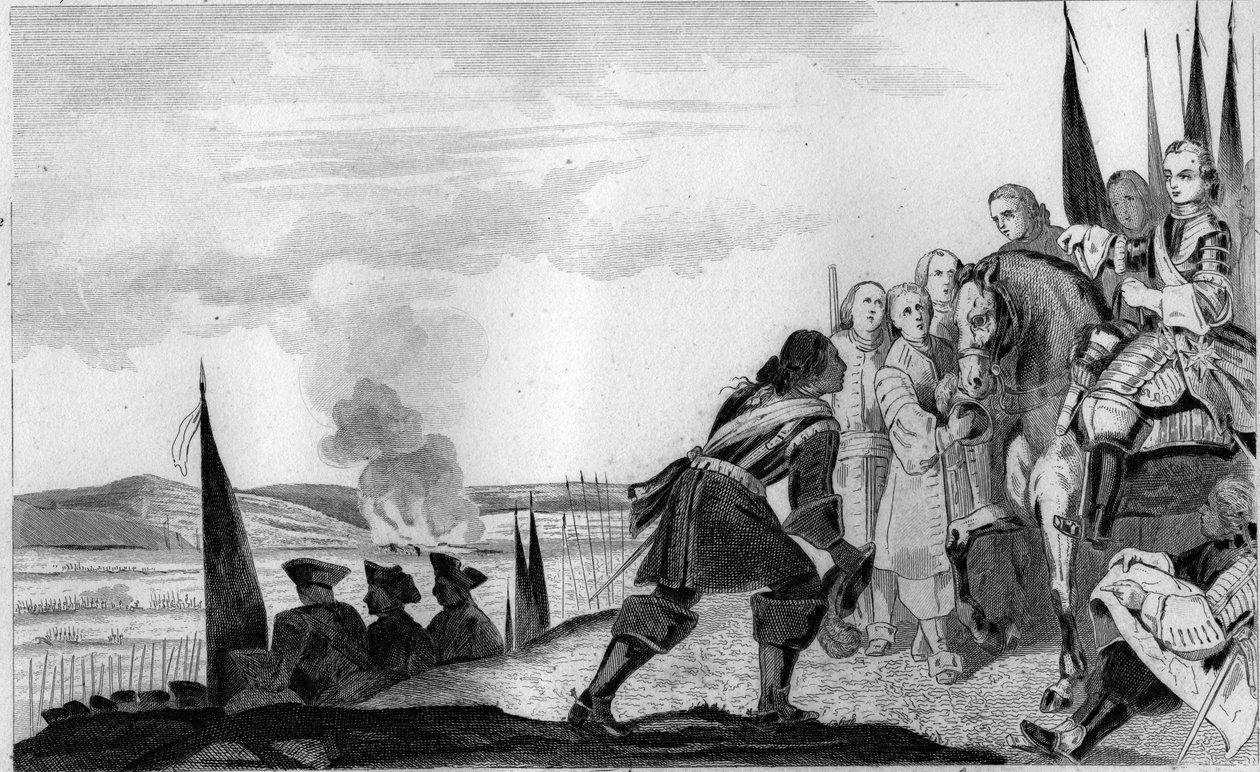 Ludwig XV. (1710-1774) in der Schlacht von Fontenoy 1745 - Österreichischer Erbfolgekrieg (1740-1748) - Maurice von Sachsen, Marschall von Sachsen (1696-1750), siegreich in der Schlacht von Fontenoy, trifft den König von Frankreich, Ludwig XV. (1710-1774)  von Unknown artist