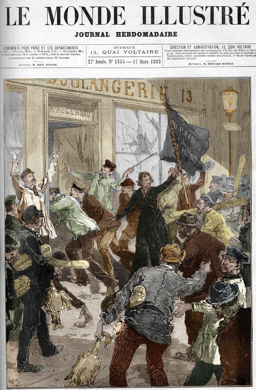 Louise Michel (1833-1905), eine französische Revolutionärin, schwenkt eine schwarze Fahne mit der Aufschrift „Brot oder Tod“ während der Plünderung einer Bäckerei bei der Arbeiterdemonstration am 9. März 1883 in Paris von Unknown artist