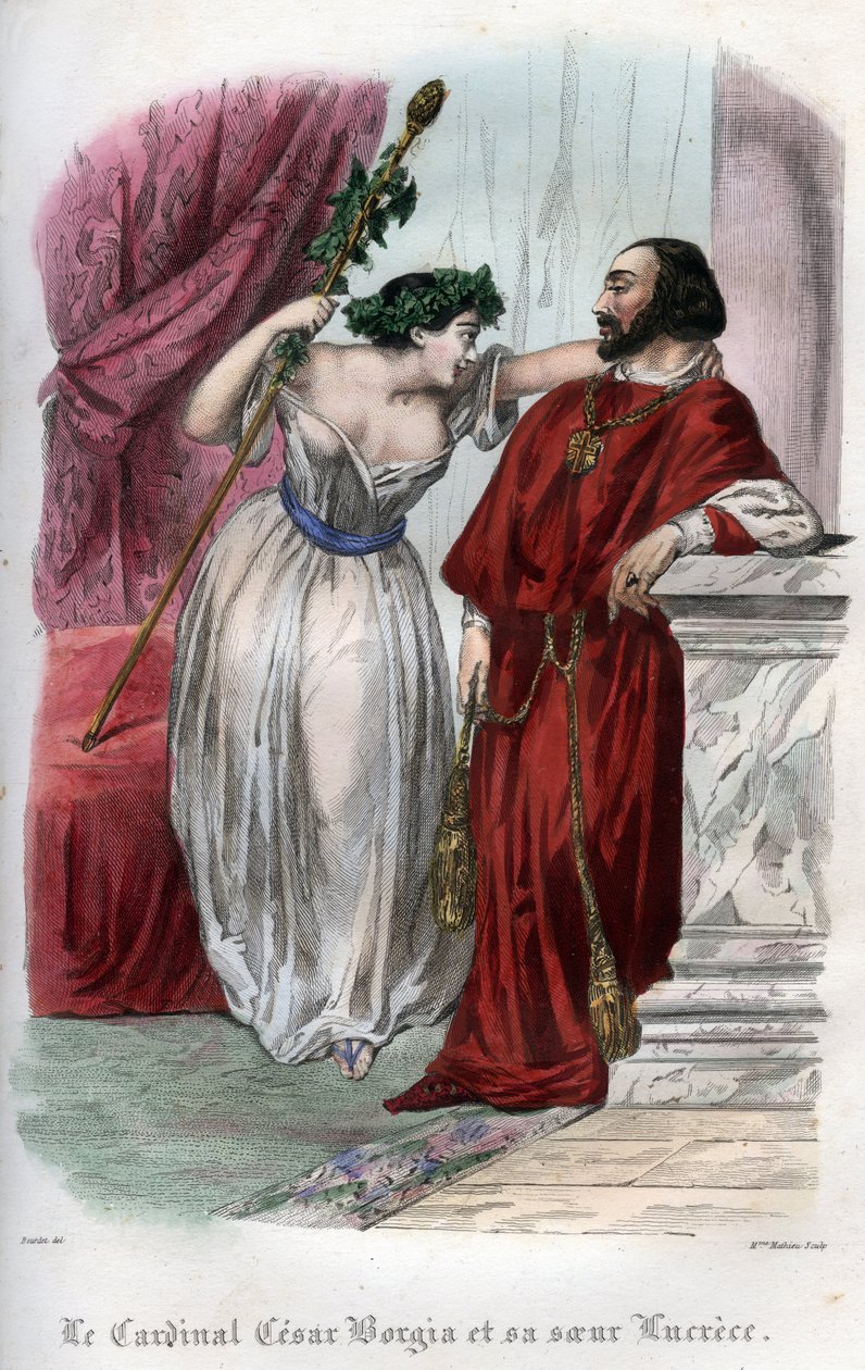 Lucrezia Borgia (1480-1519) mit ihrem Bruder Cesare Borgia. Gravur von 1842 in „Histoire des papes: crimes, murders, poisonings, parricides, adulteres, incest...“ von Maurice Lachatre. Private Sammlung von Unknown artist