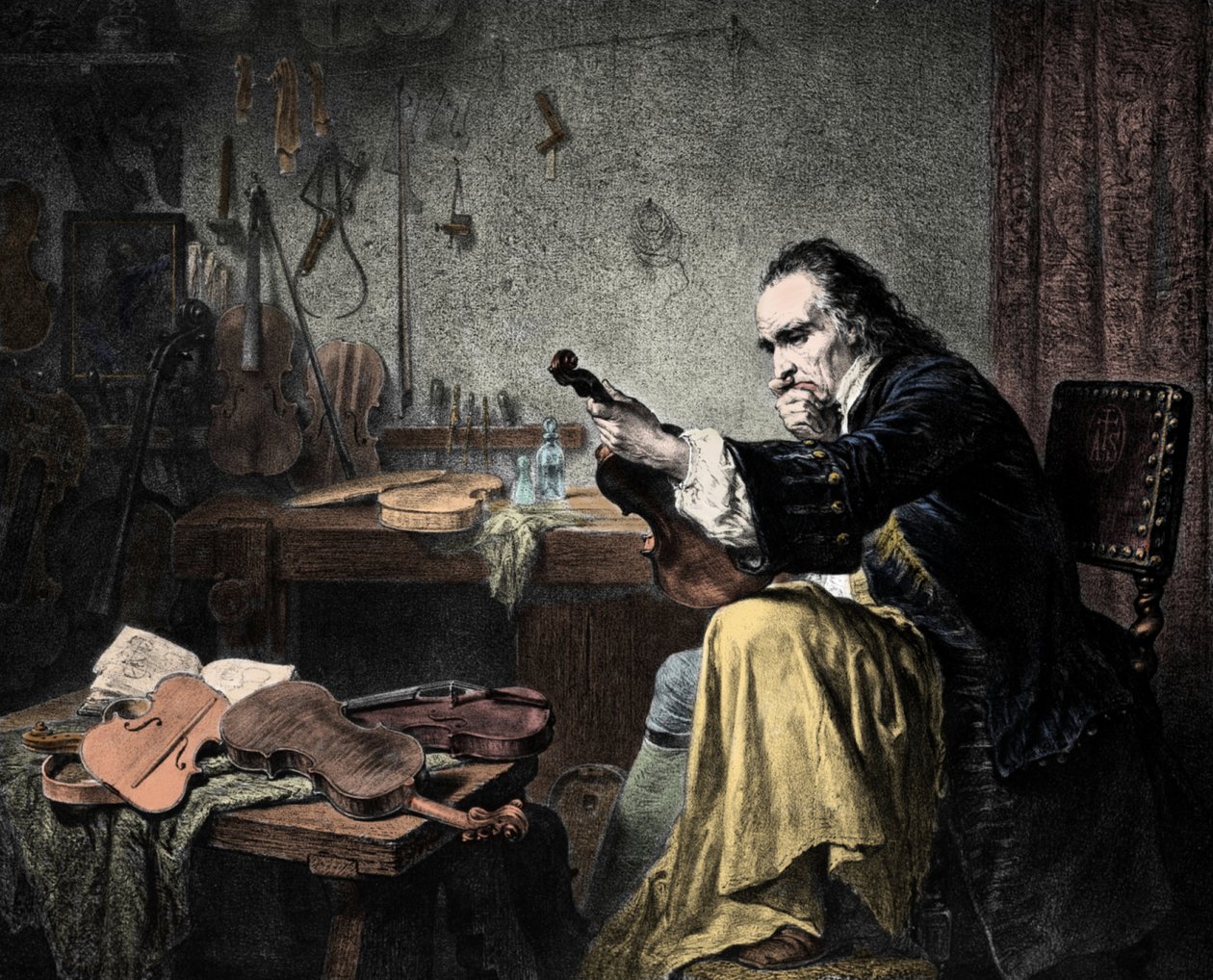 Luthier Stradivarius (Antonio Stradivari) (1644-1737) in seiner Werkstatt. Gravur von Hammann von Unknown artist
