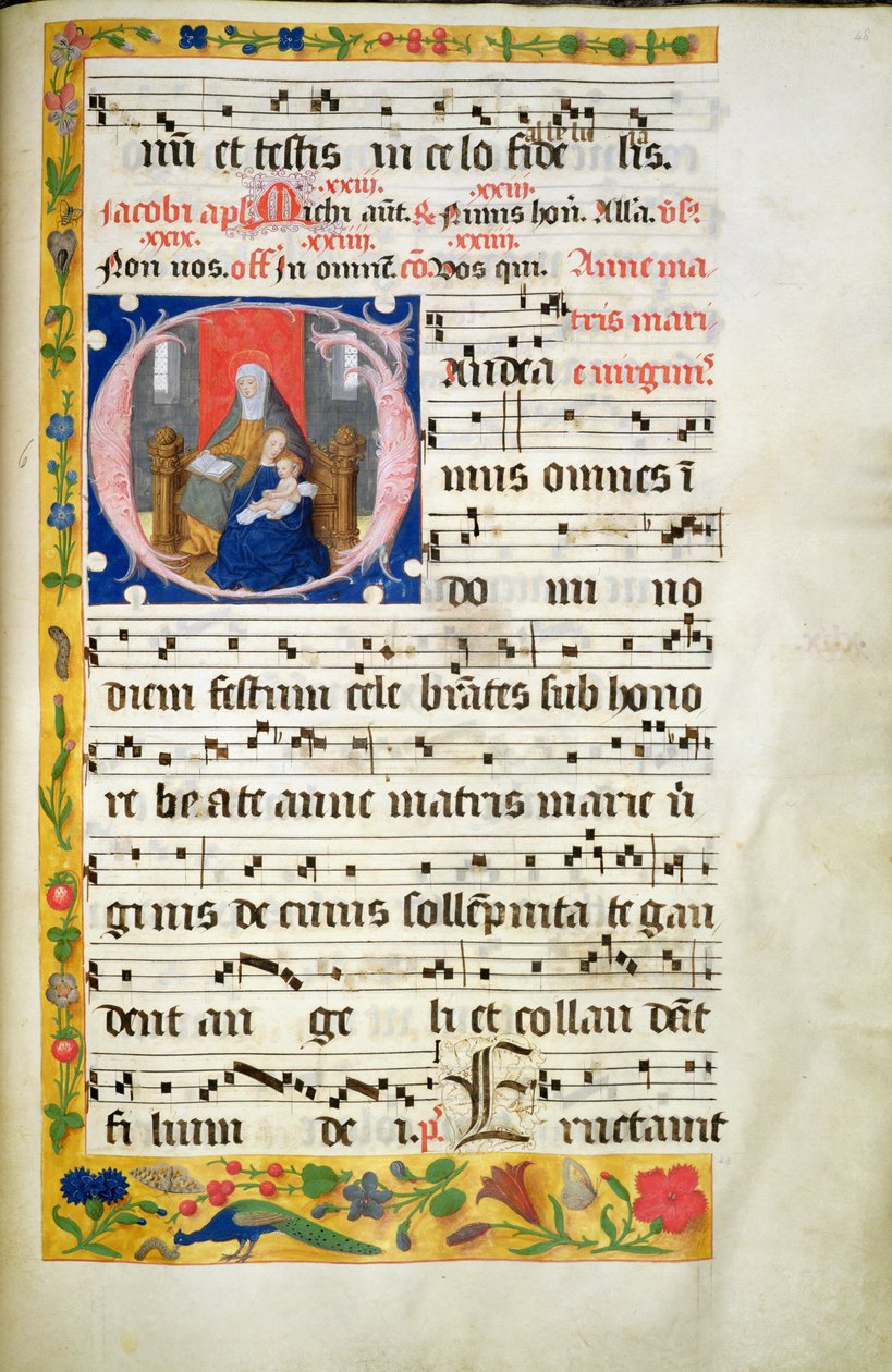 MS.McC.57. f.48r St. Anna thronend, lesend, die Jungfrau mit Kind vor ihr sitzend, Initiale aus einem Antiphon, spätes 15. Jahrhundert von Unknown artist